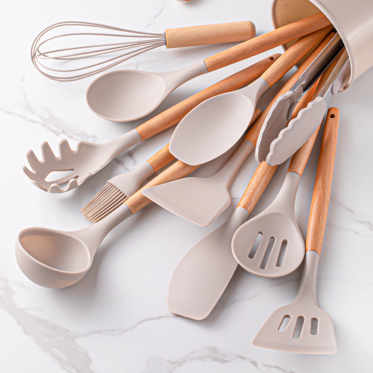 Set of 12 Silicone Kitchen Utensils with Wooden Handle - Storage Bucket - Non-Stick Pan & Kitchen Utensils - Cooking Spatula and Spoon Set — image 4