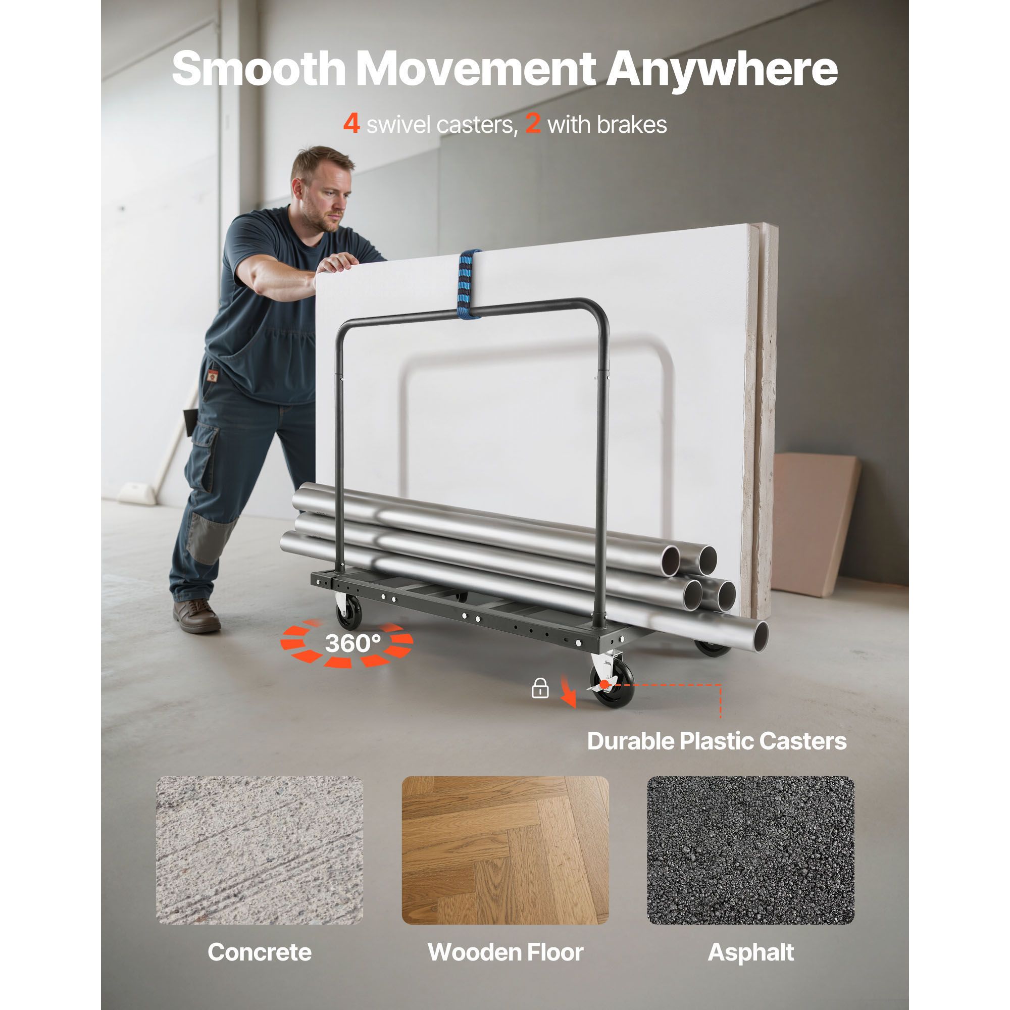 Drywall Cart Dolly, 816 kg Load Capacity, Steel Panel Truck Cart with 12.5 mm Swivel Casters, Lumber Drywall Dolly with Tie-Down Strap & 2 Side Handrails for — image 4