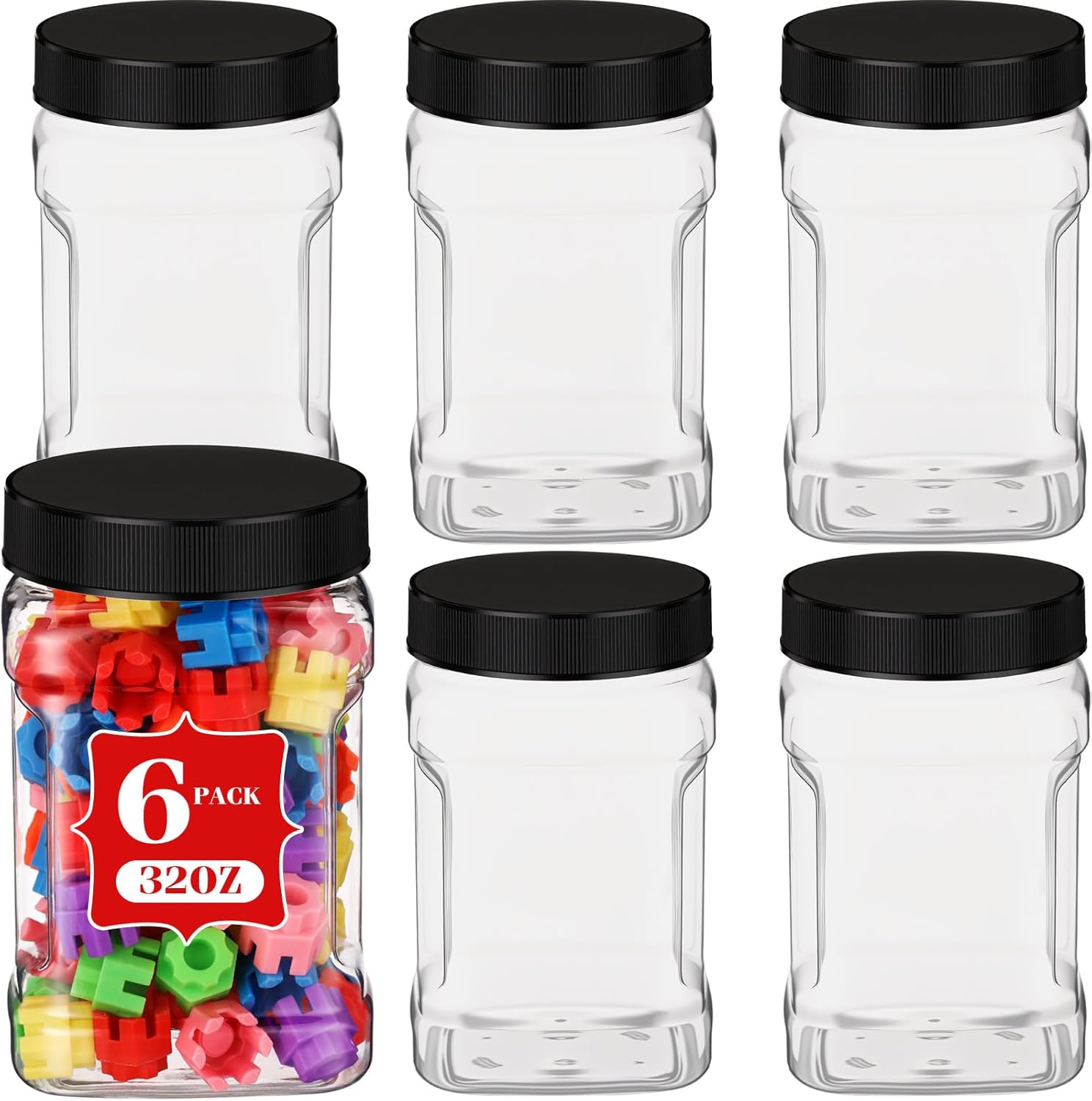6 Pcs Square Clear Plastic Jars with Pinch Handle Plastic Storage Container with Screw-on Lids Reusable Wide Mouth Canisters for Dry Good Peanut Cookies Candy