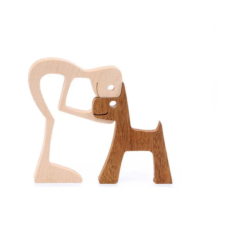 Handmade Wooden Statue Sitting Family and Dog Craft Home Decor - B07