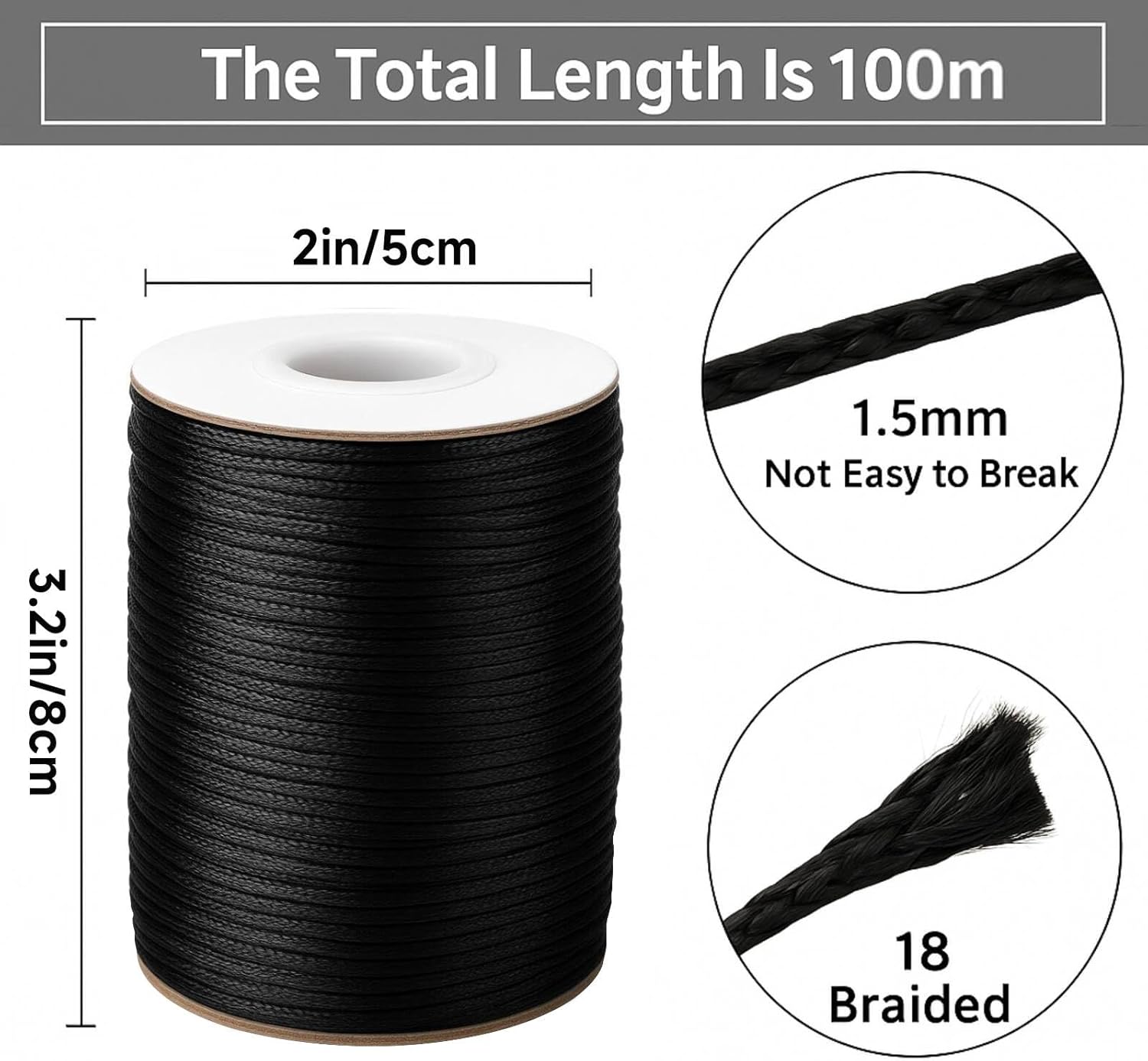 1.5MM Black Nylon String - 110Yards Wind Chime String Weather Resistant Nylon Cord Black Nylon Bracelets String Beading Thread Macrame Trim Cord for Necklace — image 2