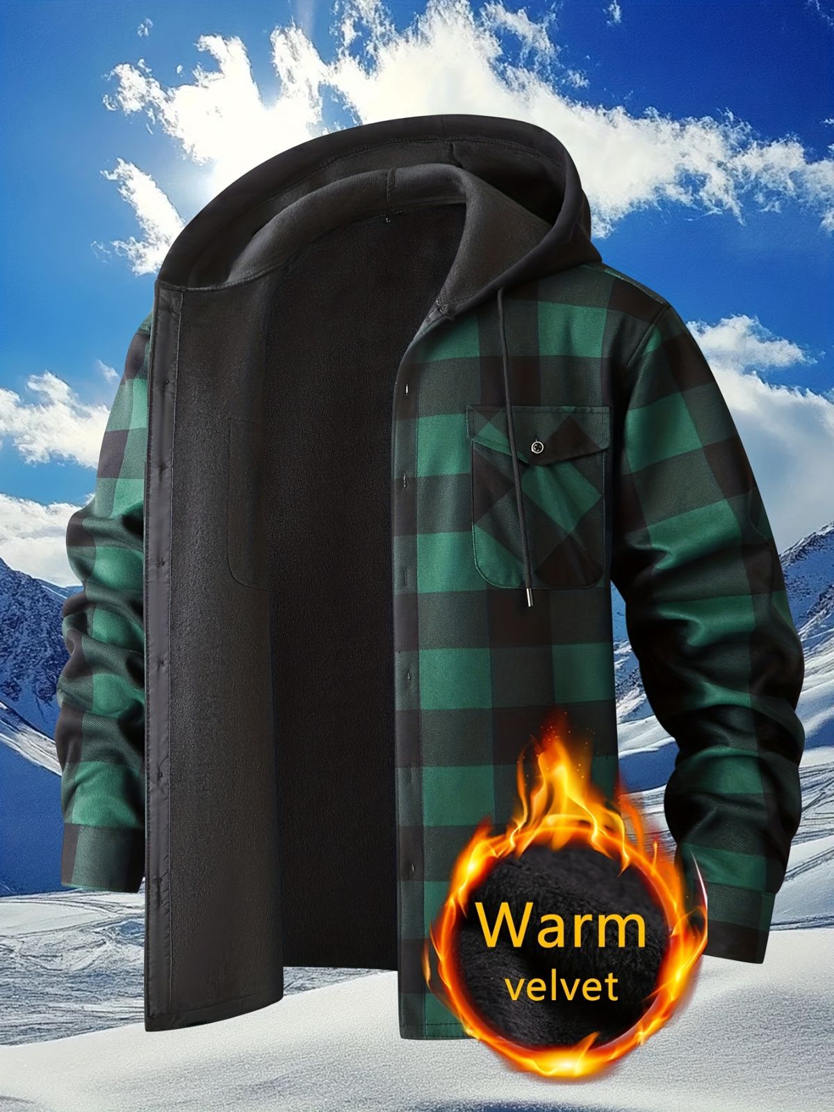 Plaid Hooded Jacket with Velvet Lining - Green - Size 3XL(AU 3XL/EU56) — image 2