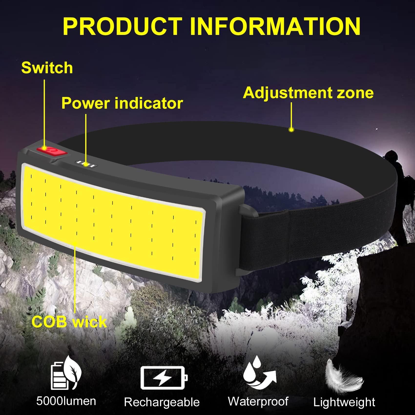 Rechargeable Headlamp Waterproof LED Soft Light Flashlight 3 Modes for Outdoor, Camping (2 Pack) — image 6
