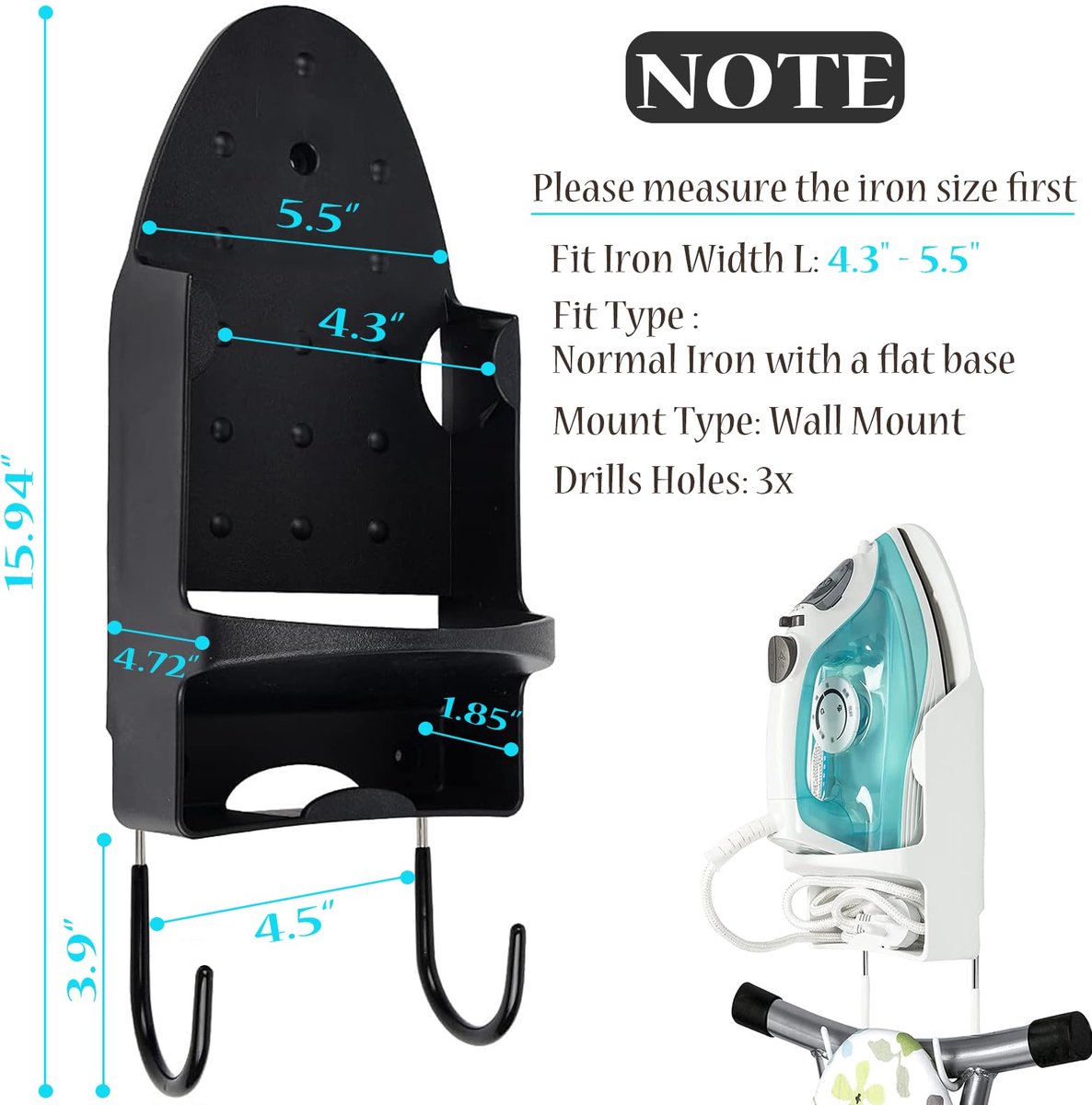 Ironing board and iron holder - Wall-mounted iron - Suspension system for your ironing board AND iron - Simple ironing board holder - 308*148*106mm - Black — image 2