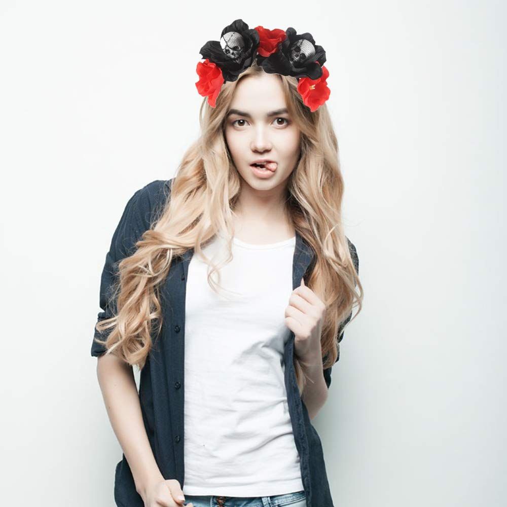 Halloween Rose Skull Headband Flower Crown Hair Bands Wreath Garland Floral Headpiece Women Leaf Hairband Hair Hoops Party — image 2