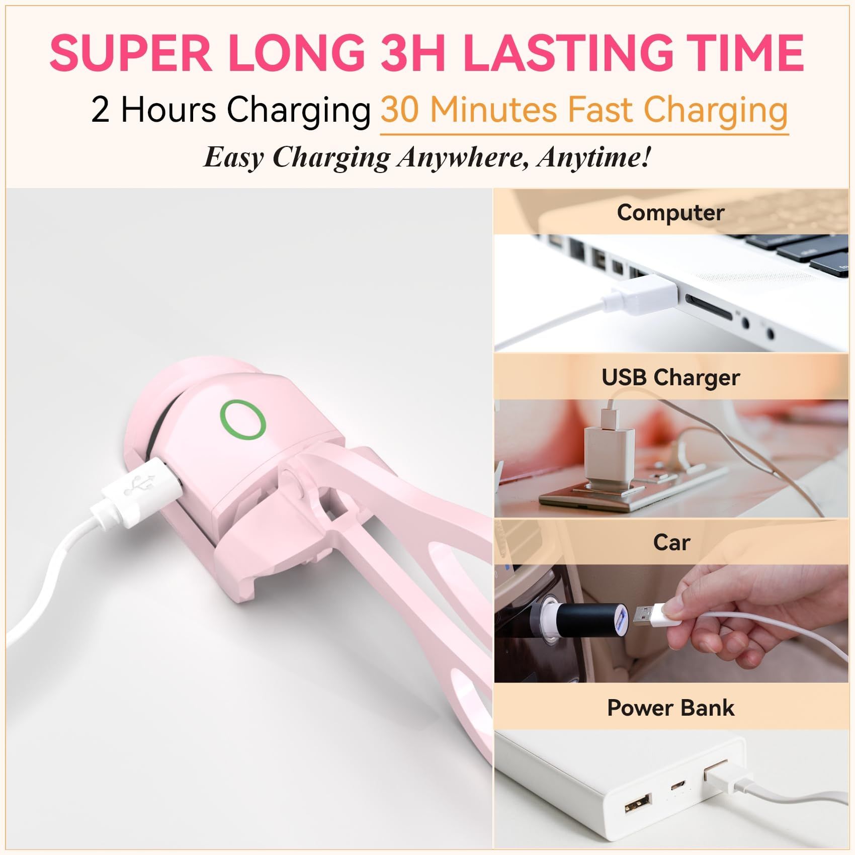 Heated Eyelash Curlers, Rapid Heated Lash Curler,2 Tempreture Setting & USB Rechargeable Eye Lash Curler,Quick Natural Curling β image 3