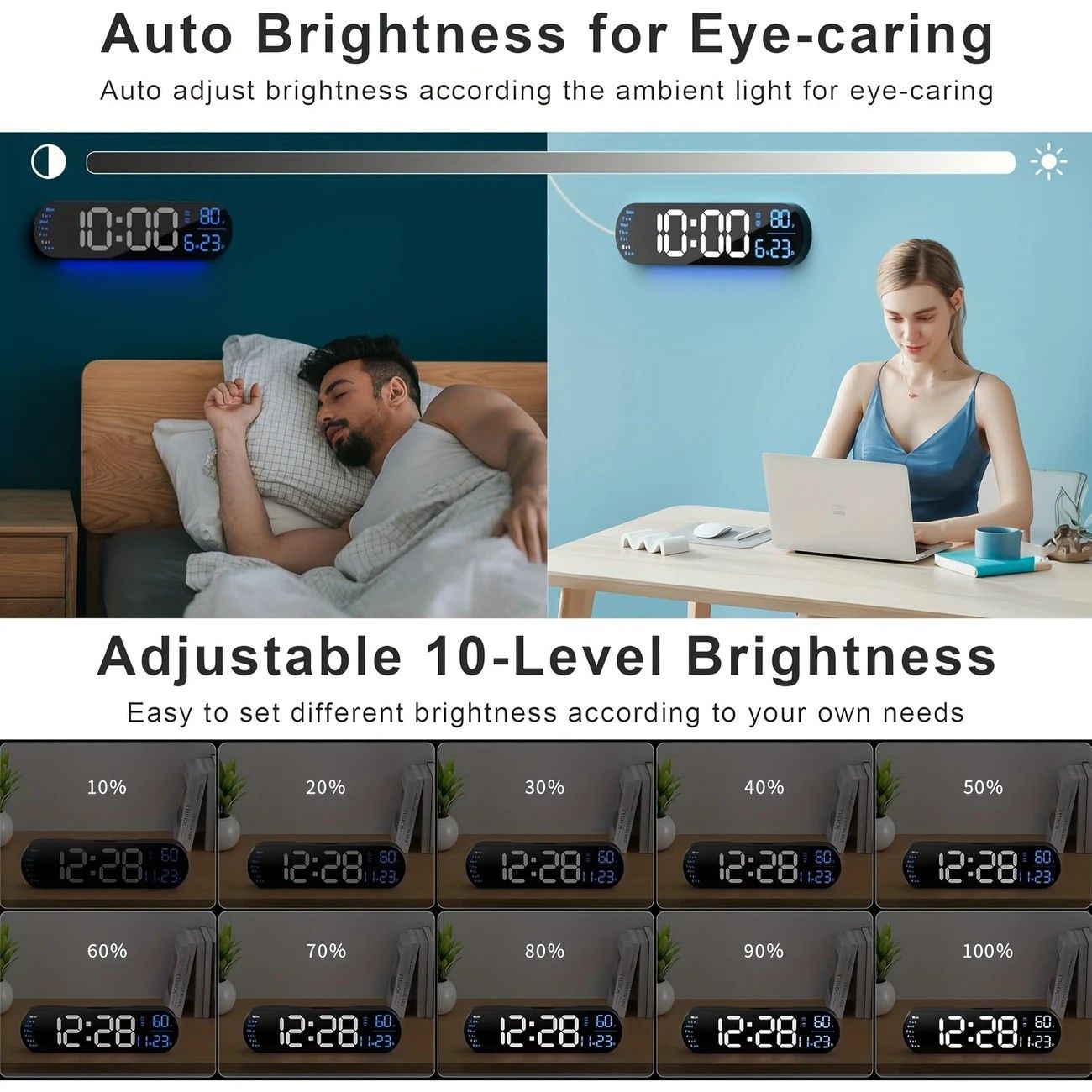 13.7" Large LED Digital Wall Clock - Auto Dimming, Temperature Display, Ideal for Bedroom & Office(5502BLUE) — image 3