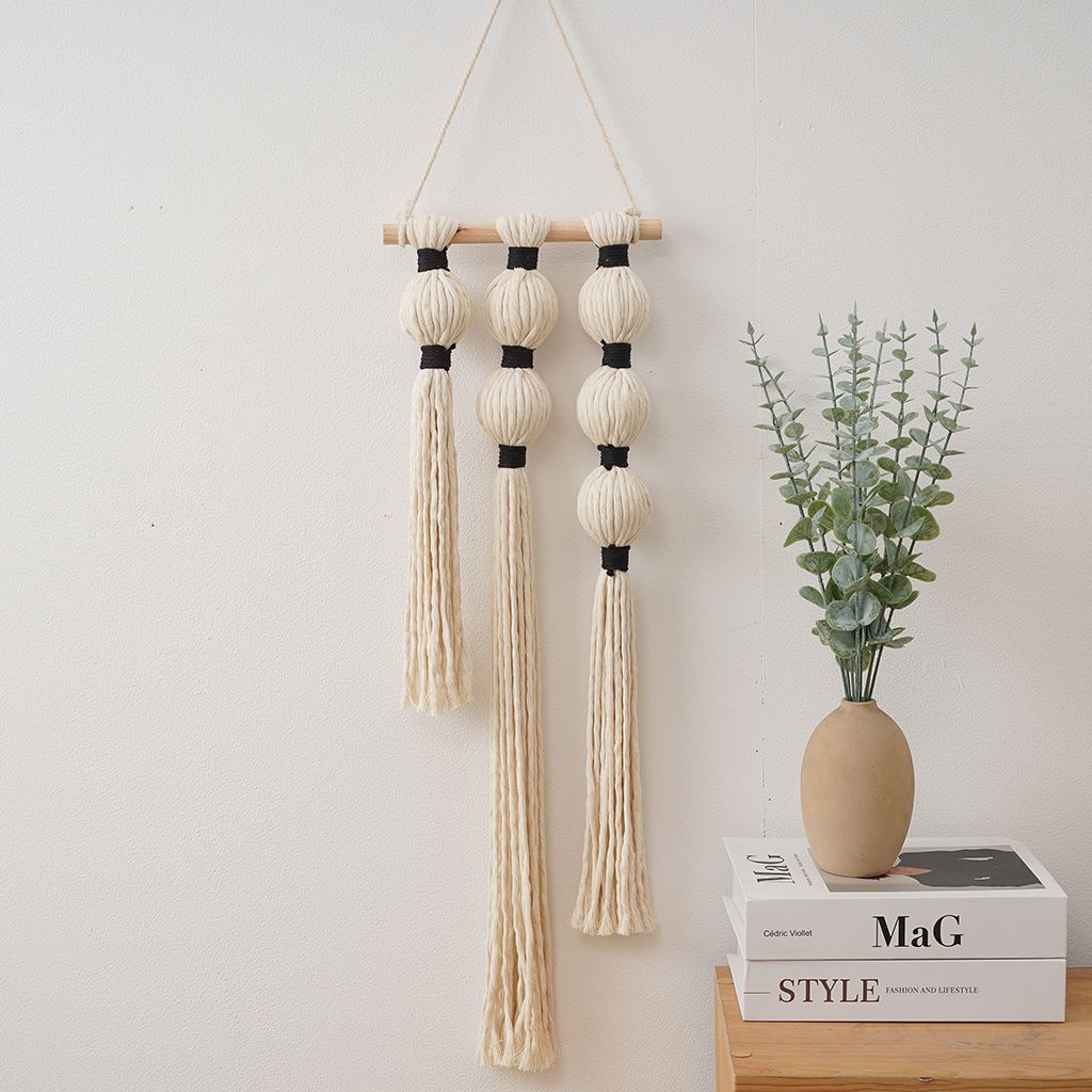Wall Hanging Tassels Sphericity Cotton Textile for Bedroom Living Room Decor, Natural Farmhouse Rope Ball Yarn Art — image 3