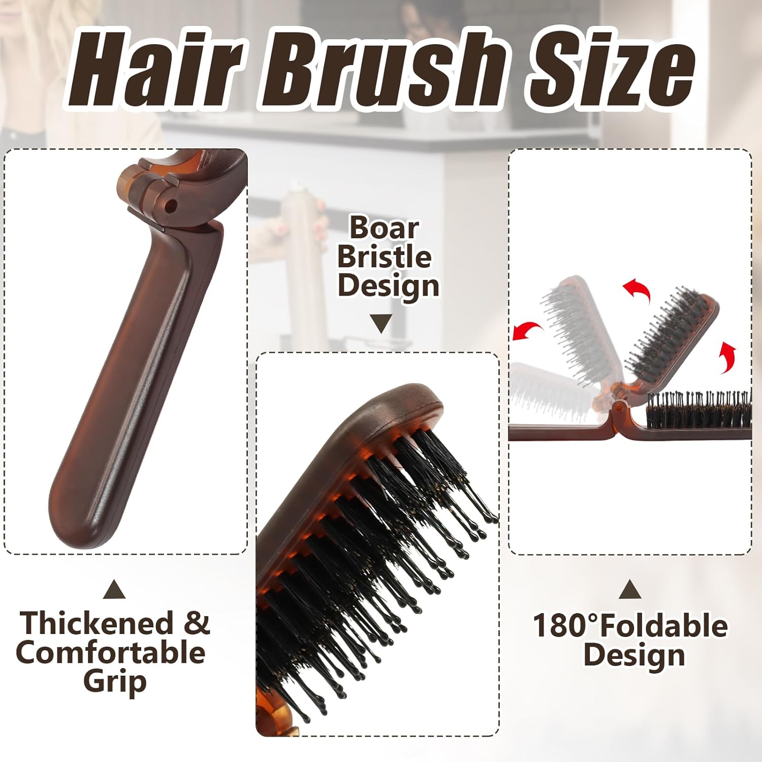 Biaungdo 2 Pack Foldable Hair Brush, Boar Bristle Hair Brush for Women & Men, Mini Travel Hairbrush Portable Collapsible Pocket Comb for Any Hair Types (Amber) — image 3