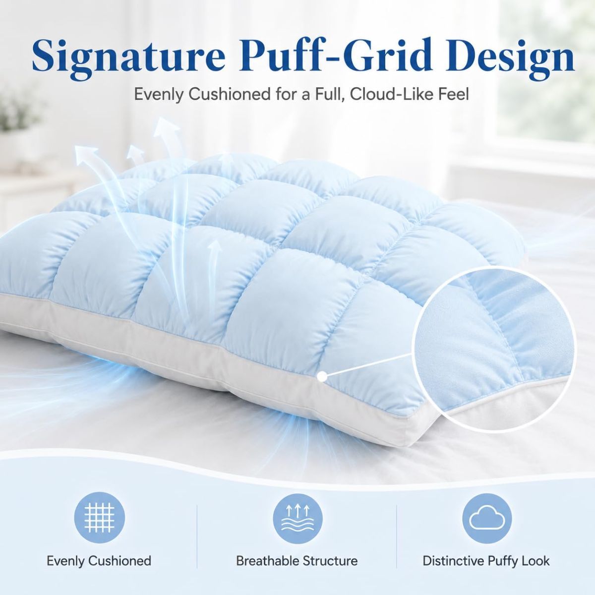 Mellow Puff Cooling Pillow for Sleeping, Fluffy Cloud Pillow with Ice-Silk Touch, Breathable Quilted Grid Design, Machine Washable — image 4