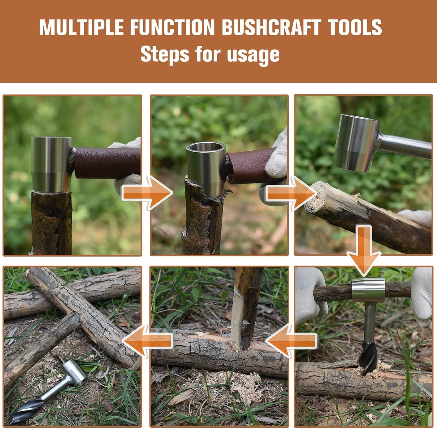 Gear for Survival Settlers Hand Auger Wrench with Wood Drill Peg and Manual Hole Maker Multitool with leather Case Camping brown โ image 5