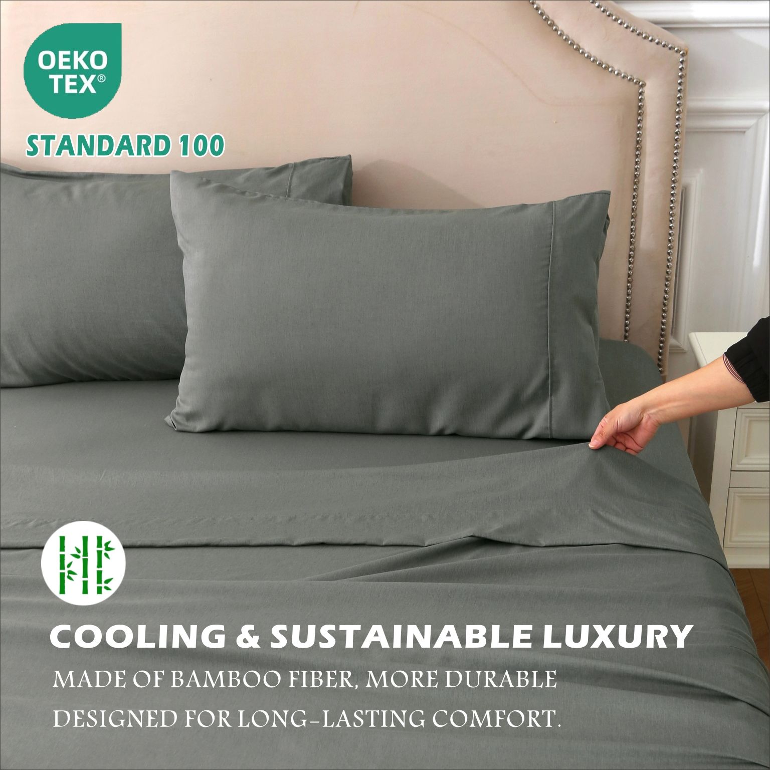 3 Piece Hotel Bamboo Cooling Sheet Set -Ultra Soft 2000TC Breathable Bed Sheets Set with 37 Centimetre Deep Pocket-Cooling Sheets for Hot Sleepers(Grey,King — image 6