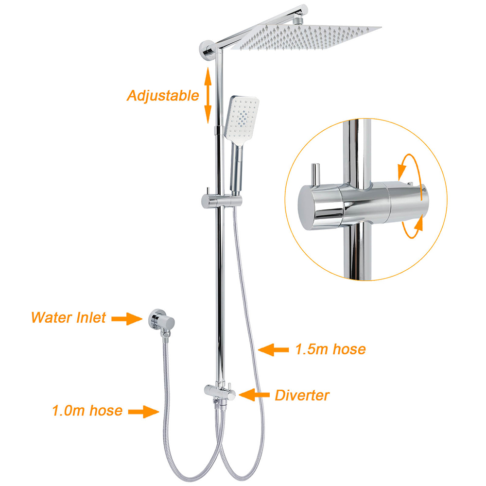 Chrome Square 10" Twin Shower Head Handheld Sliding Rail Set Wall Inlet Elbow With Mixer — image 2