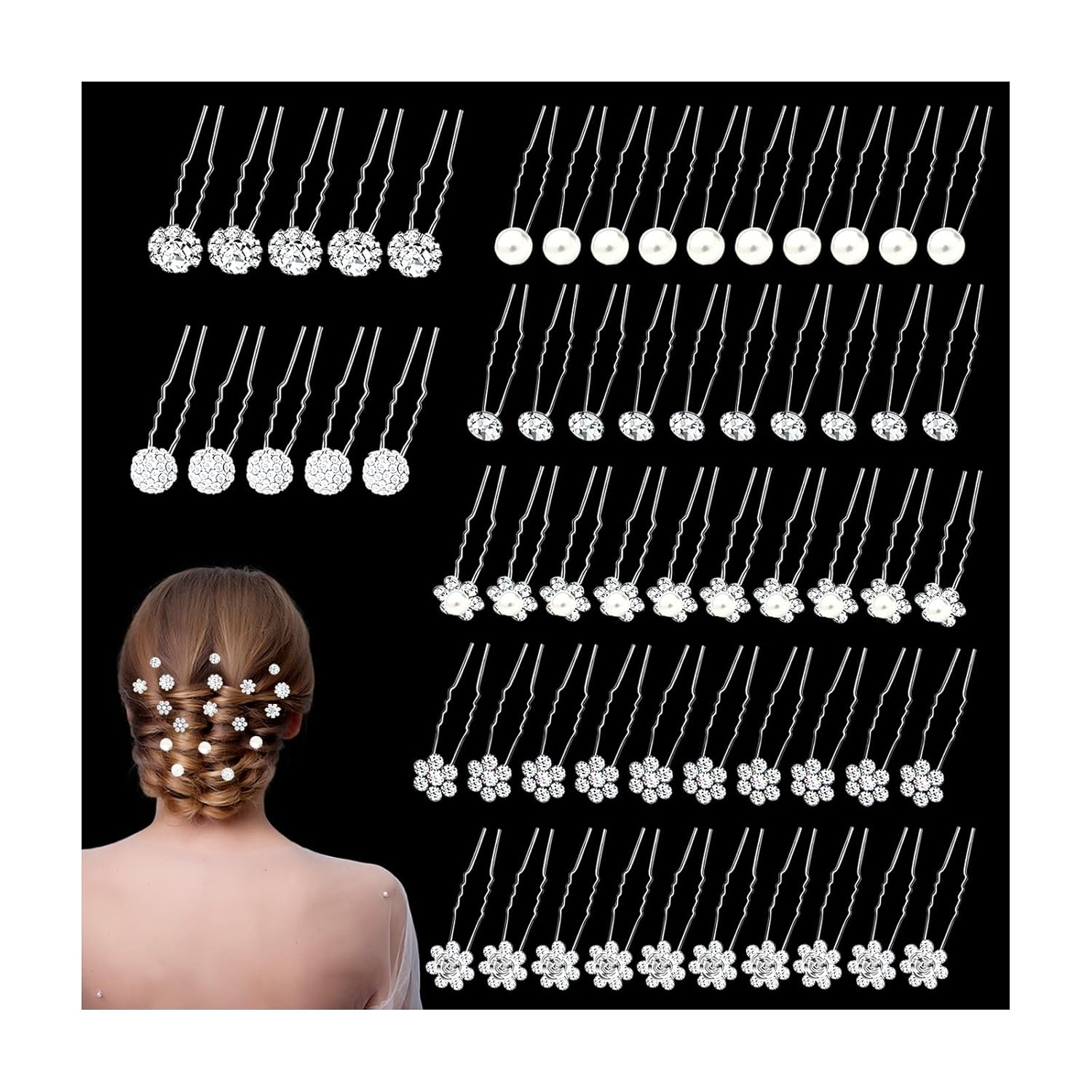 60 Pcs 7 Styles Silver Bridal Wedding Hair Pins, Flower Hair Clips for Women, U Shaped Crystal Pearl Hair Clips, Suitable for Brides, Bridesmaids, Women's