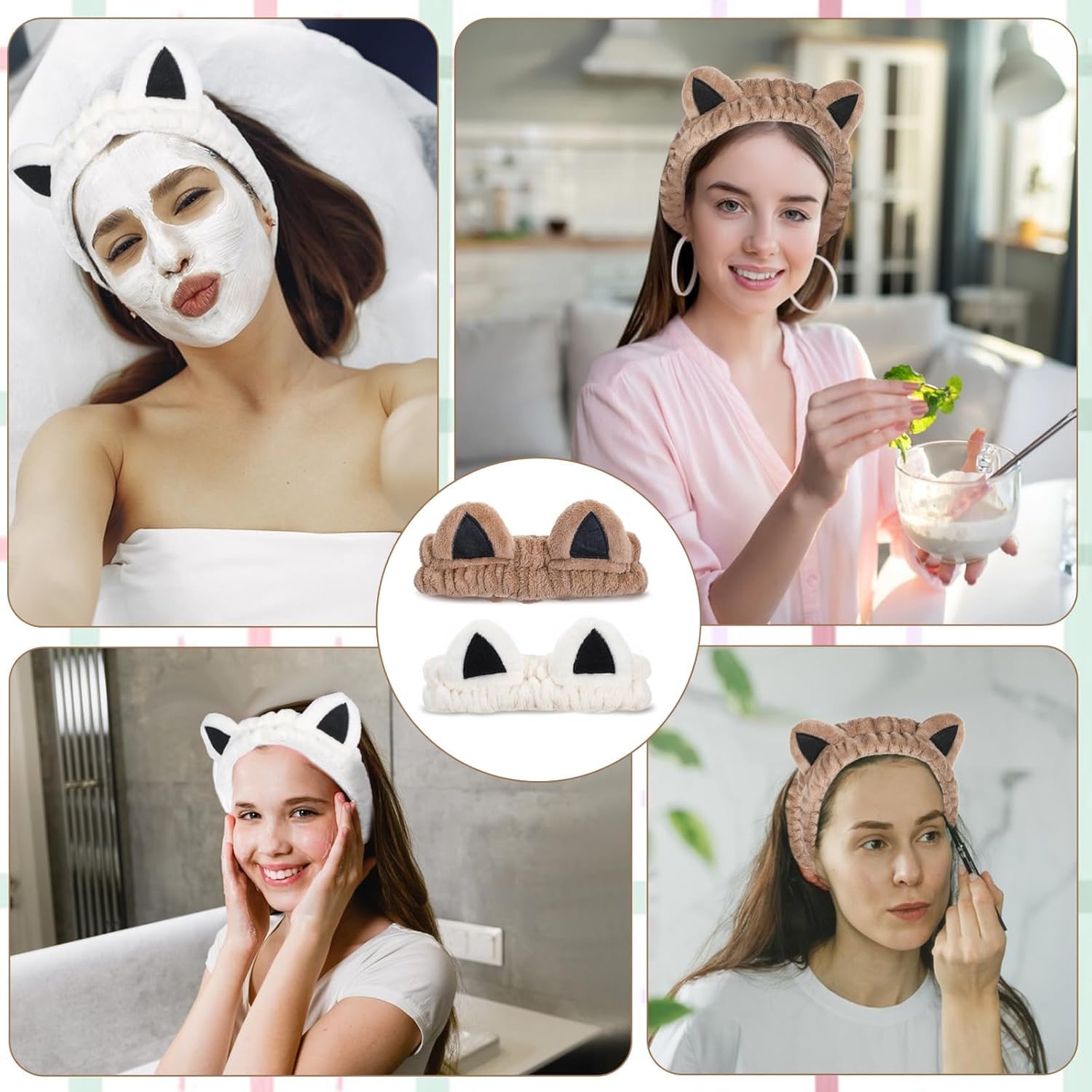 2Pcs Cat Ears Spa Headbands for Washing Face Makeup Skincare, Soft Coral Fleece Facial Wash Hair Accessories, Cute Animal Elastic Headband, Fuzzy Cartoon Hair โ image 6