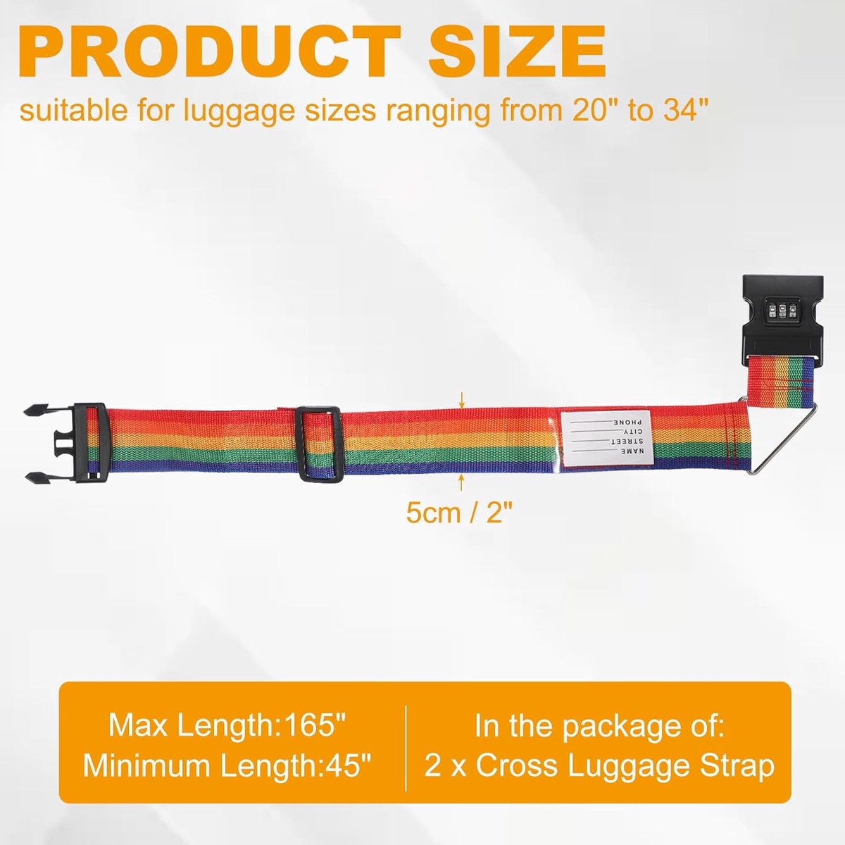 Cross-shaped luggage straps - with combination lock and name tag - adjustable travel straps for suitcases/briefcases/backpacks - rainbow colors - set of 2 — image 3