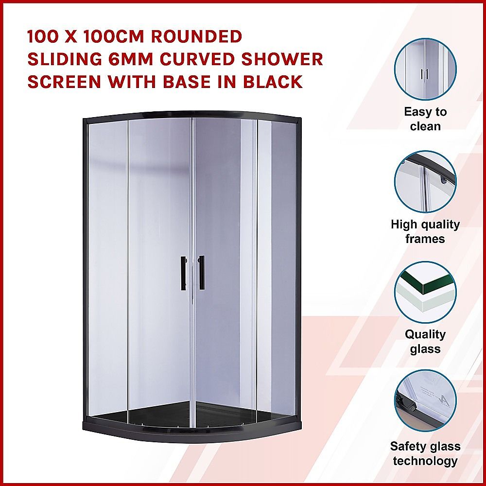 100 x 100cm Rounded Sliding 6mm Curved Shower Screen with Base in Black โ image 3
