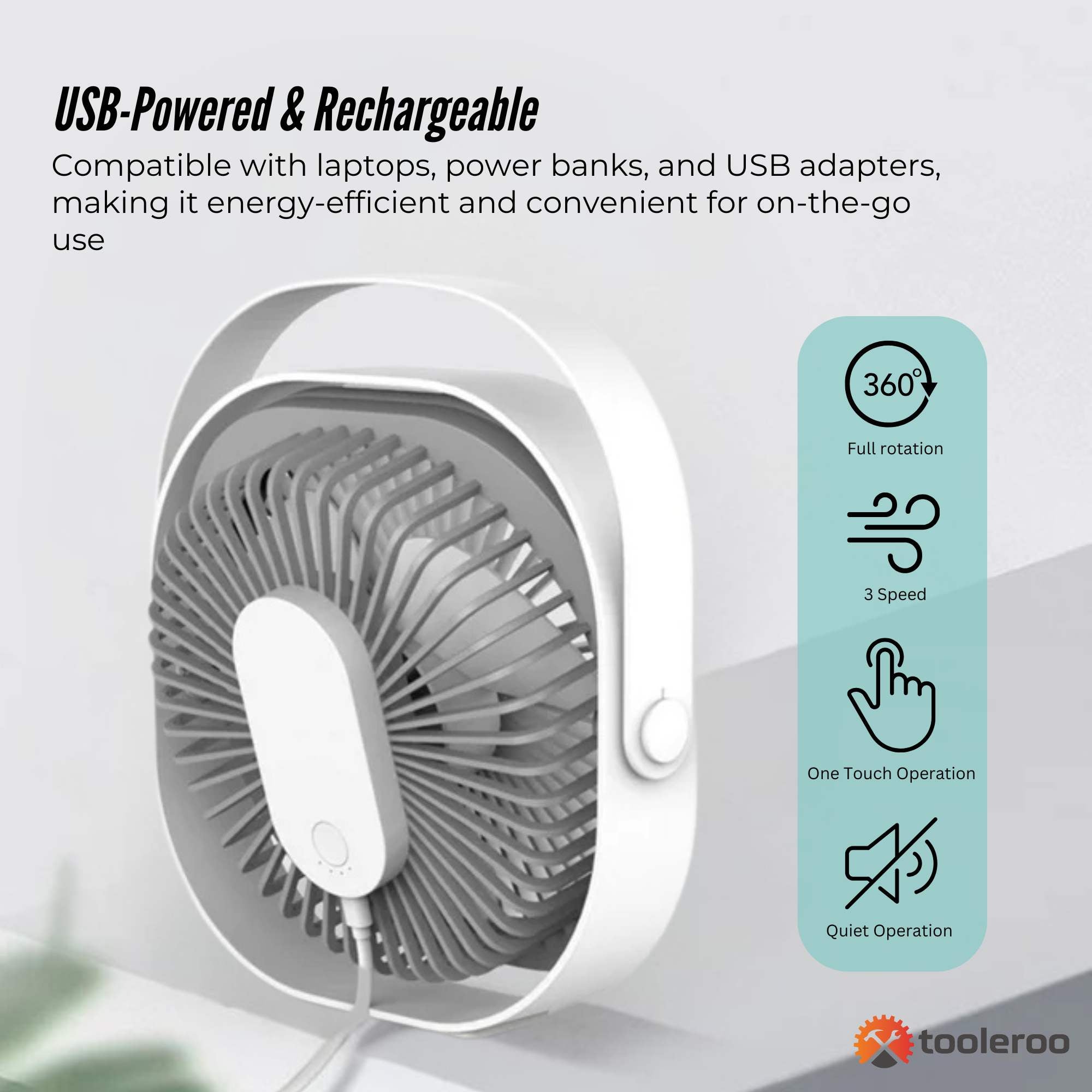 3-Speed USB 20cm Desktop Fan - Quiet Portable Lightweight Rechargeable Cooler — image 4