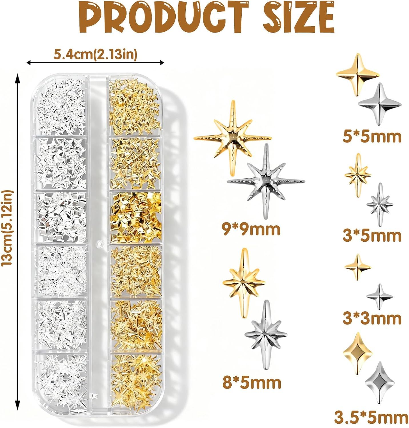 2500 Pack Gold and Silver 3D Star Nail Charms, Metal Nail Art Gems with Tweezers for DIY Manicures, Nail Decoration and Crafts โ image 2