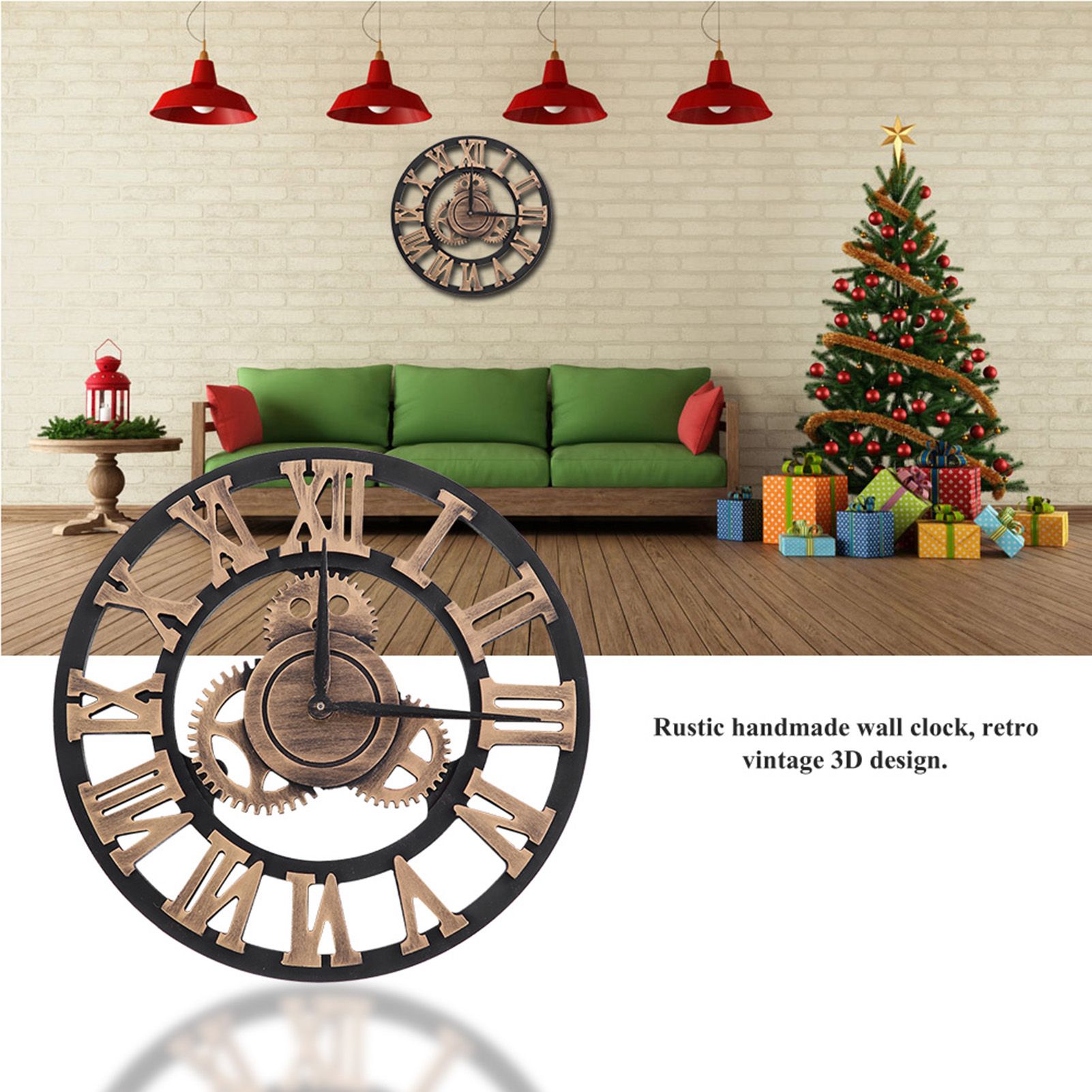 3D Rustic Handmade Wall Clock Gear Wooden Vintage Decor for Living Room/Office/Bar 30cm Gold โ image 2
