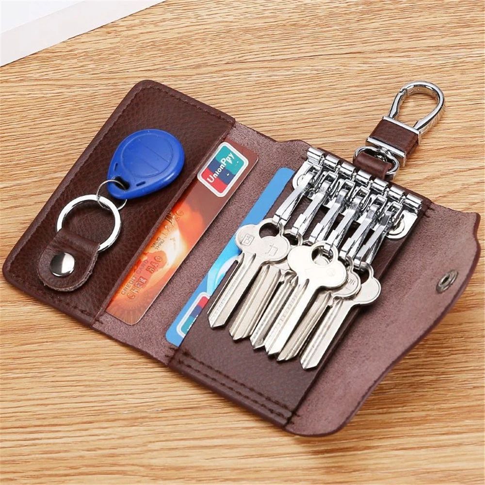 Car Key Case for Men and Women Small Leather Key Holder Key Cover with 6 KeyChains （brown）Key Holder Case, Large Capacity Leather Key Case Wallet — image 3
