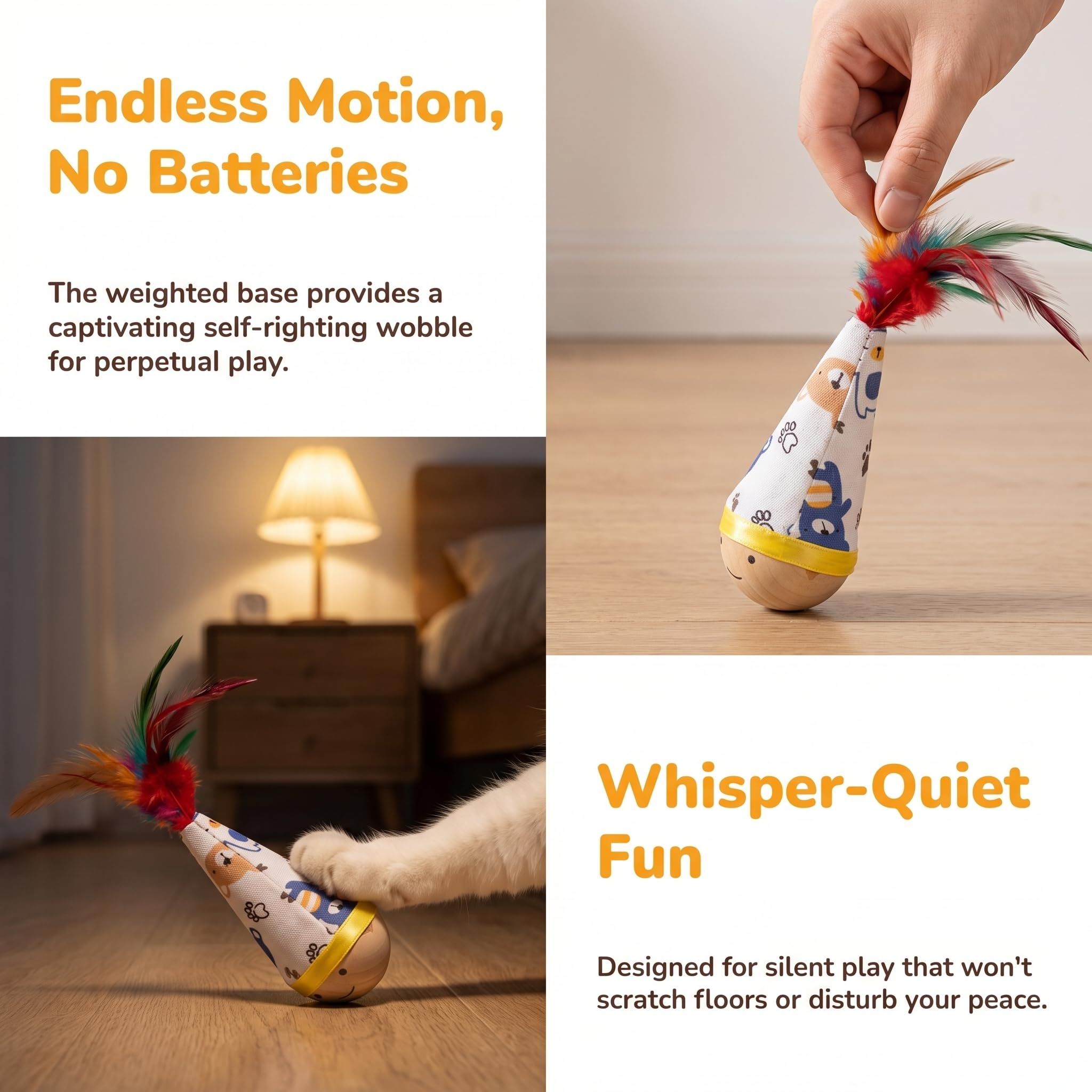 Self-Righting Pet Toy with Natural Wood Base and Durable Fabric Top, Featuring Feather Options and Playful Smile Design — image 5