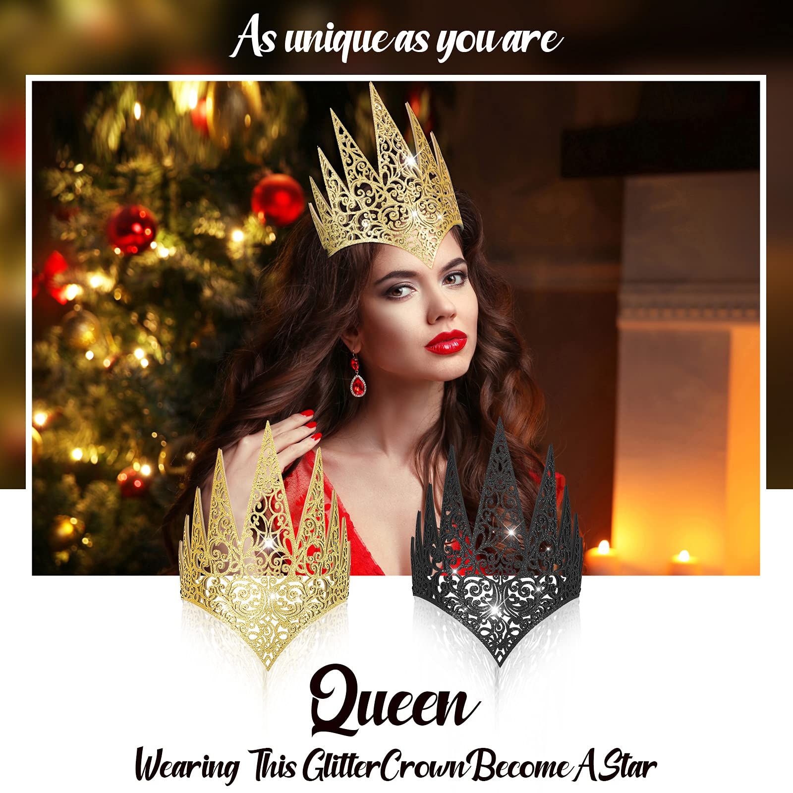 2 Pieces Royal Die Cut Queen Crown Halloween Glitter Evil Queen Crown Costume Witch Crown Cosplay Hair Accessories, Black, Gold — image 4