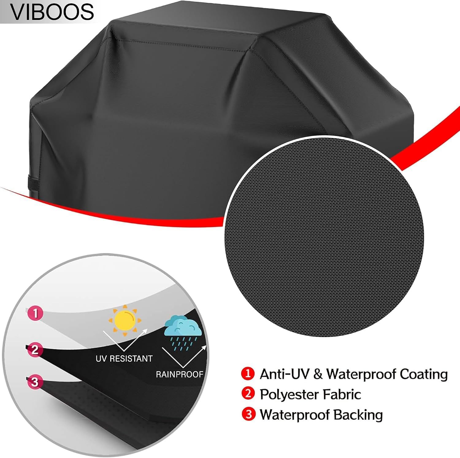 Waterproof BBQ Grill Cover for Outdoor Gas Grills, Rip-Resistant UV-Resistant Barbecue Cover with Adjustable Hem and Straps, Black, 147 cm — image 3