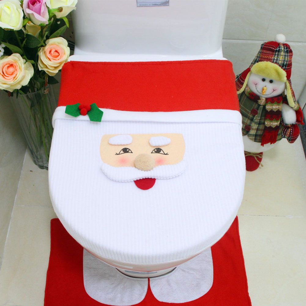 Christmas Pattern Mildew Proof Waterproof Bathroom Toilet Seat Cover Foot Pad and Water Tank Cover Set โ image 3