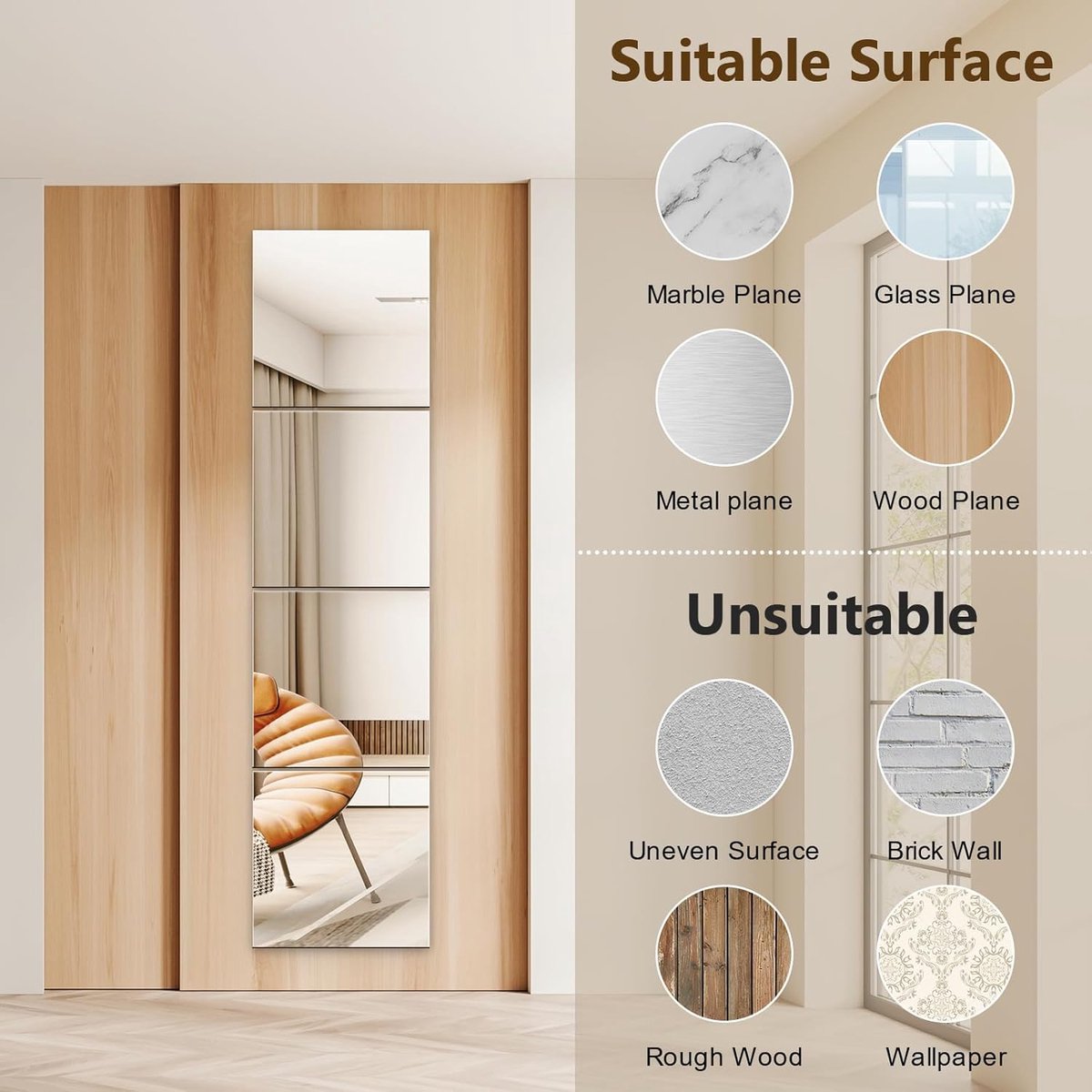 4 Pack Full Length Wall Mirror - 12 x 12 Inch Acrylic Mirror Tiles - Wall Stickers - Adhesive Mirrors - Door Mirror - Mirror Sticker - Wall Mirror - for โ image 3