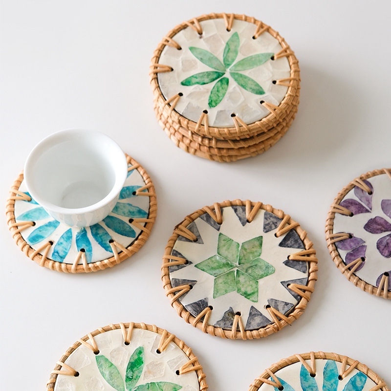 4 Pcs Beige Background With Blue and Pink flower Handcrafted Rattan Coaster with Natural Shell Inlay - Decorative & Heat Insulating Drink Mat โ image 2