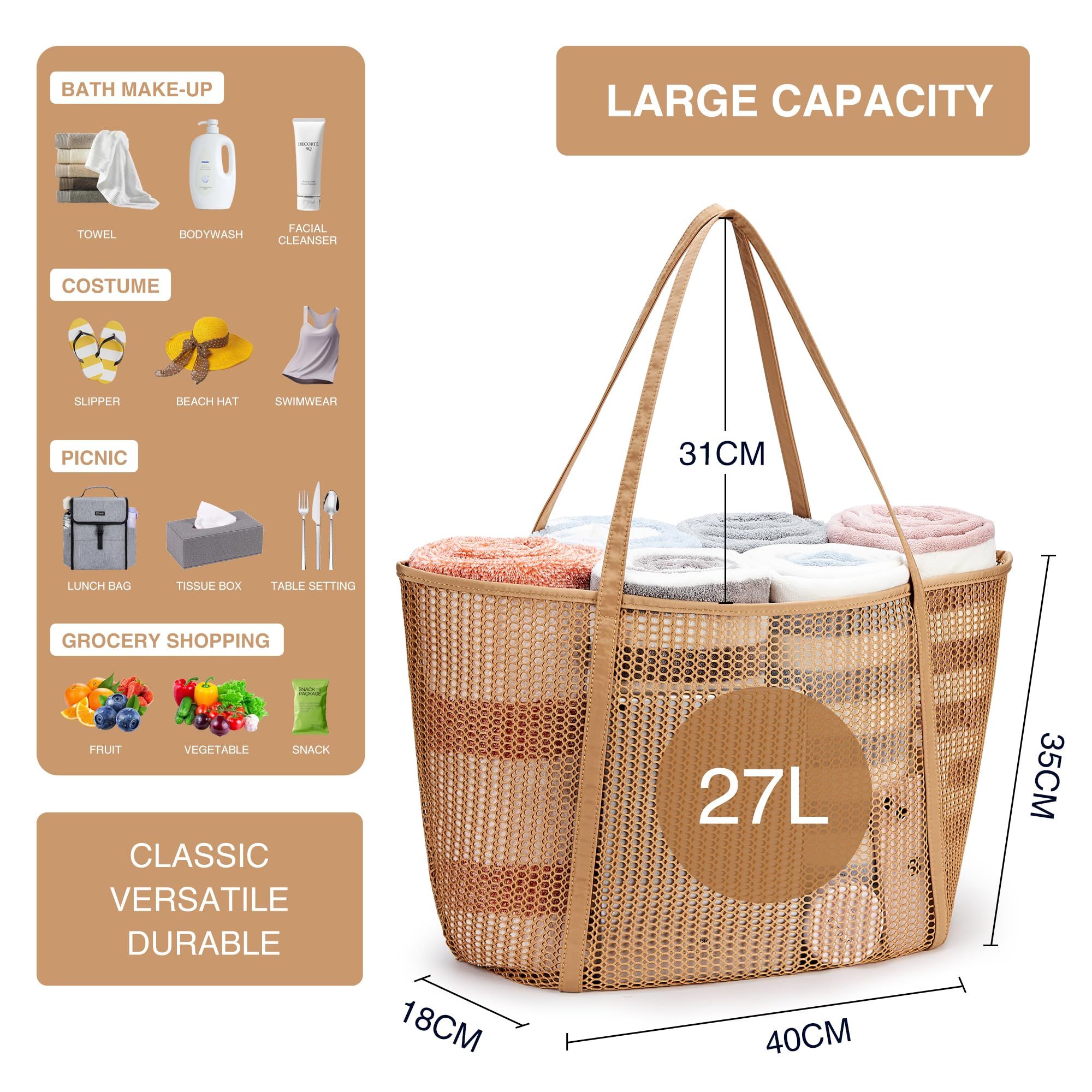 Beach Mesh Tote Bag, Womens Shoulder handbag 27L Grocery Bag Shopping Bag Summer Outdoor Travel Bag — image 4