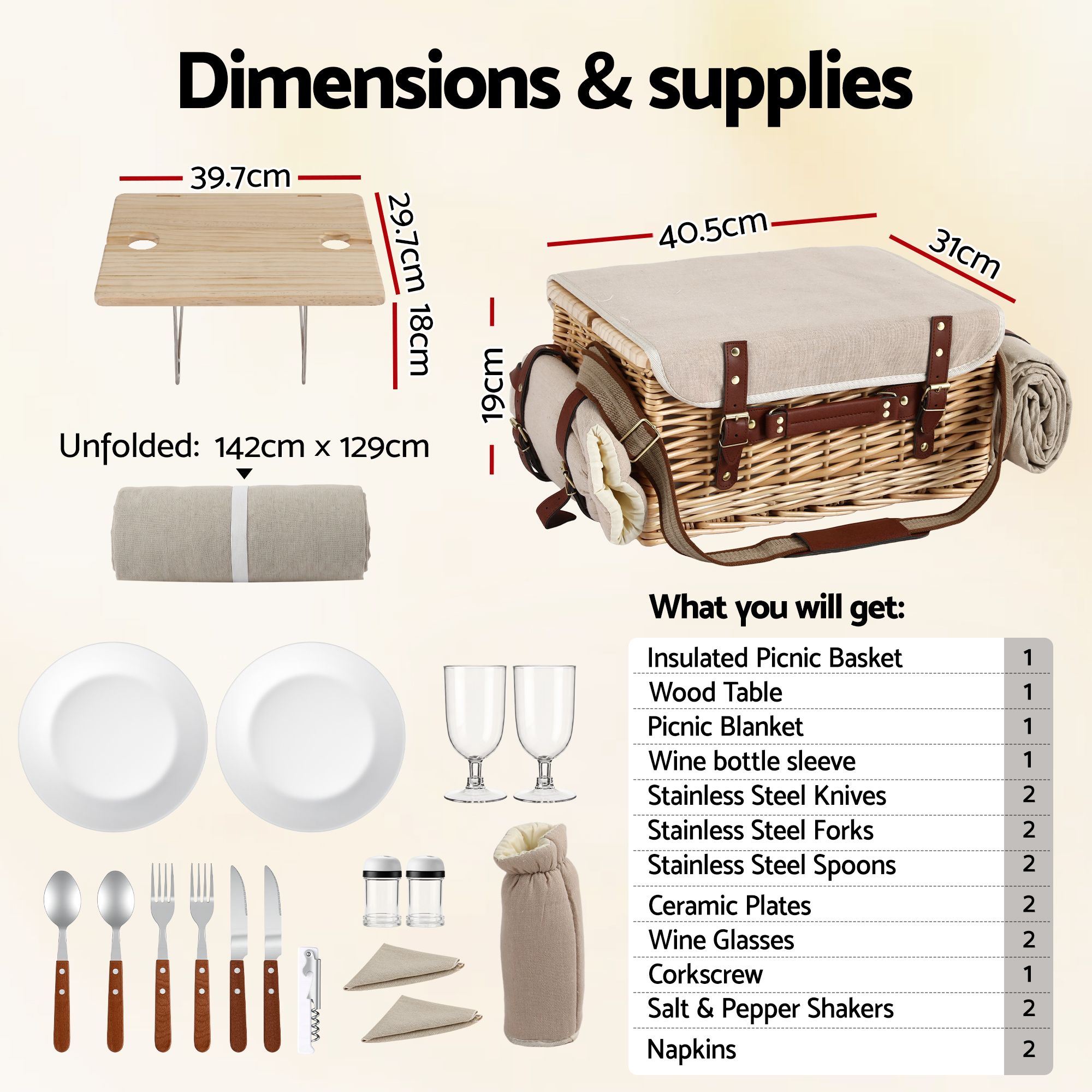 Alfresco 2 Person Insulated Picnic Basket Set with Foldable Wood Table Mat โ image 2