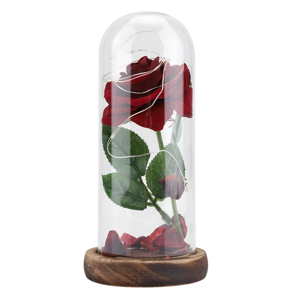 Preserved Rose Flower LED Light with Glass Cover Wooden Base Valentines'Day Wedding Gift Red