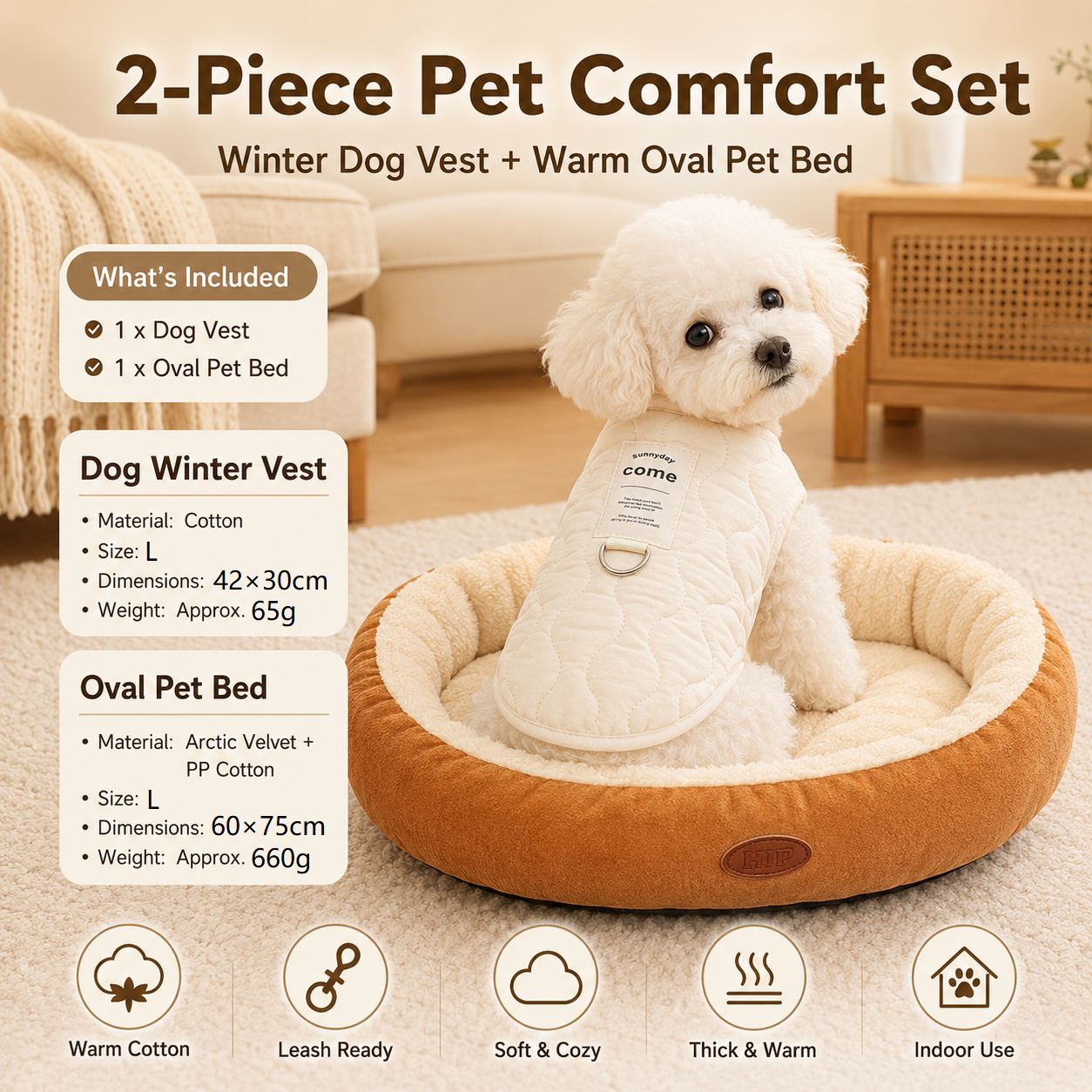 Winter Pet Care Bundle - L Size 42*30cm Beige Quilted Dog Vest with Leash Ring and L Size 60*75cm Coffee-colored Oval Arctic Fleece Bed - Warm Cotton