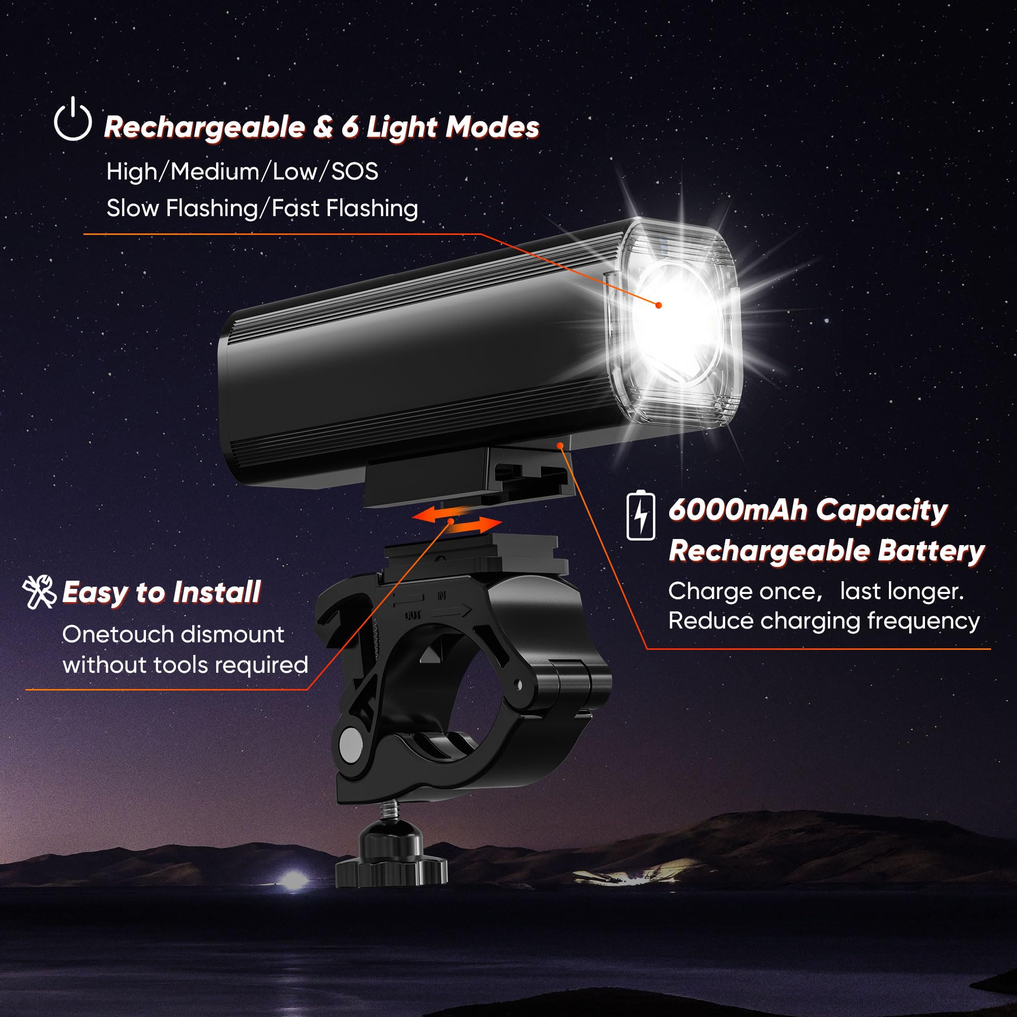 Ultra-Bright 1200 Lumen Bike Light Set with USB Rechargeable Headlight & Tail Light – IP65 Waterproof Cycling Lamp for Night Riding (Black) — image 3