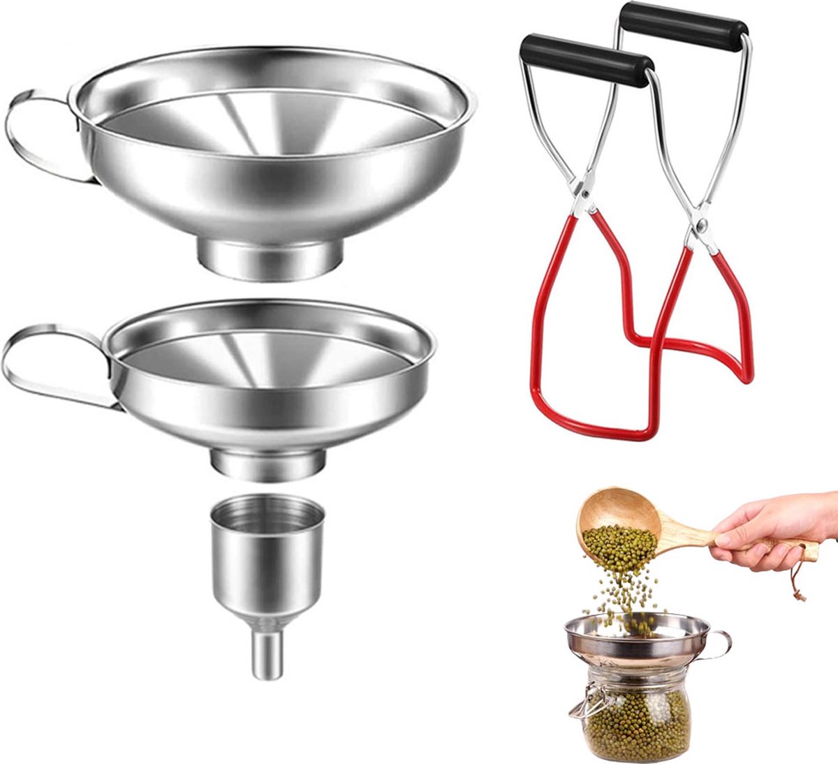 Funnel Set - 4 Pieces - Stainless Steel - Kitchen Funnels - Metal Filling Funnel - Kitchen Funnel - Jam Funnel - Includes Can Clips - Liquid - Pouring