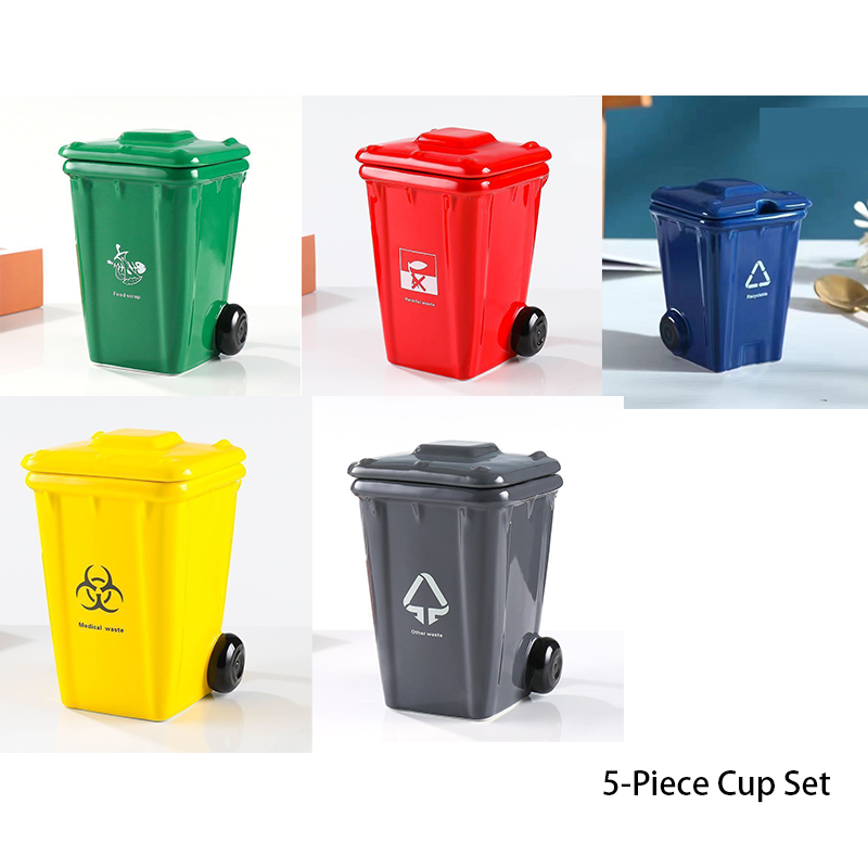 5-piece cup Creative Trash Can Ceramic Mug with Shovel Spoon - 400ml Funny Garbage Bin Coffee Cup with Lid - Novelty Gag Gift for Birthday Christmas - Quirky