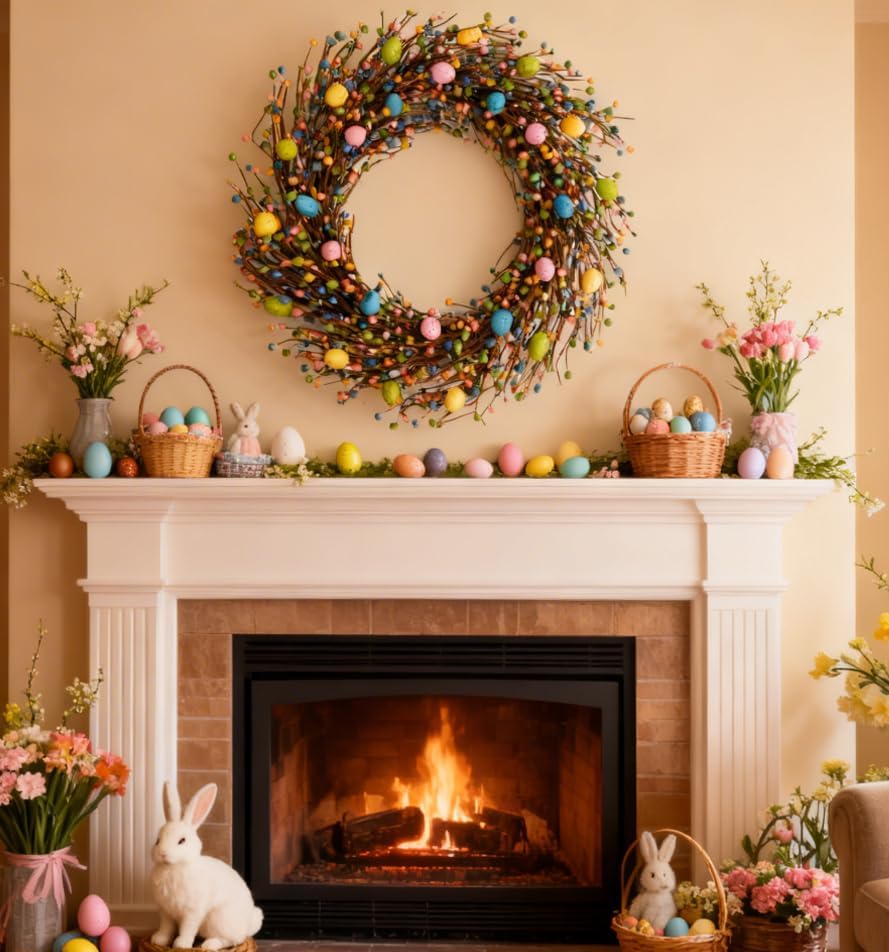 26 Inch Spring Easter Colorful Egg Wreath for Front Door, Colorful Home Decoration Easter Eggs and Berries Wreath for Indoor and Outdoor Use — image 3