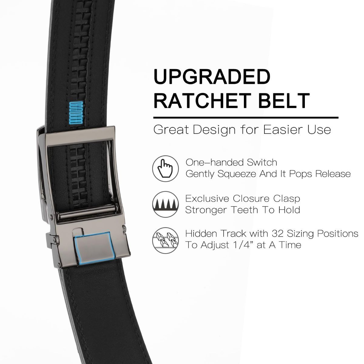 Ratchet Belt for Men Genuine Leather - Micro-Adjust Buckle Trim to Fit Dress Belt Casual to Formal Gift Boxed - Basic Gun - Black - Size 34"-40" Waist — image 5