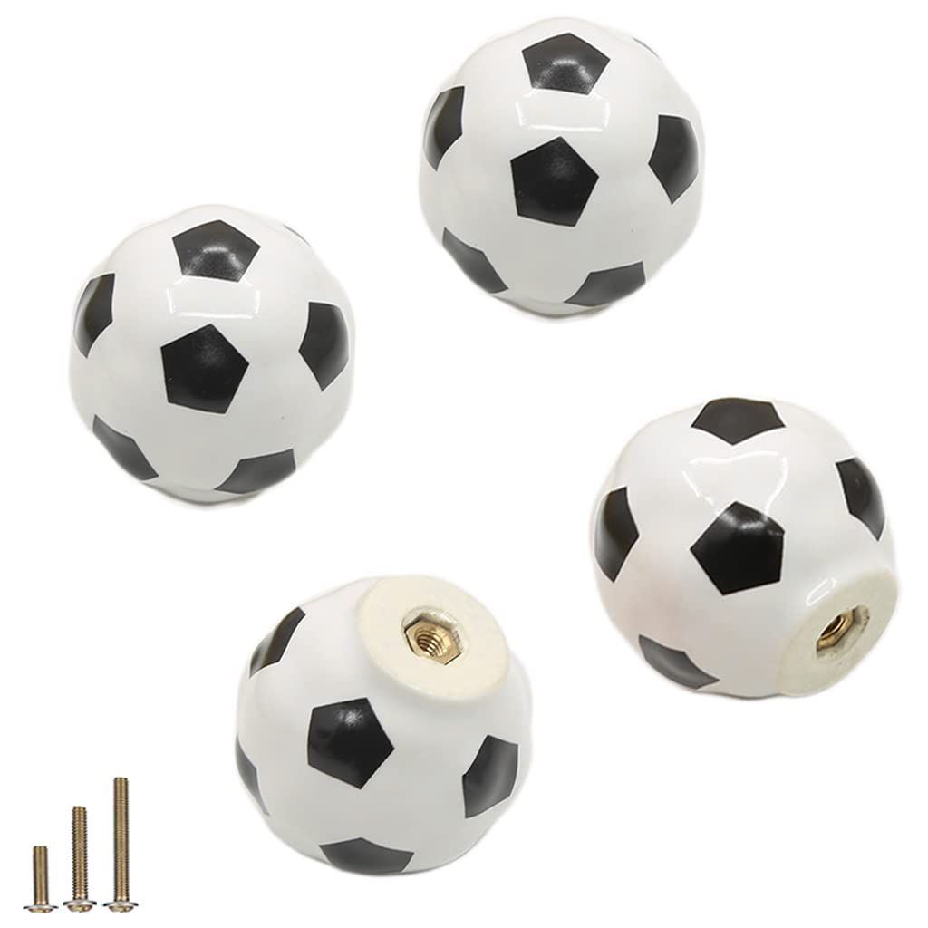 Heavy Ceramic Soccer knobs Football Knobs, 4 Packs Ball Sports Party Theme Children and Baby Home Decor Drawer Knobs