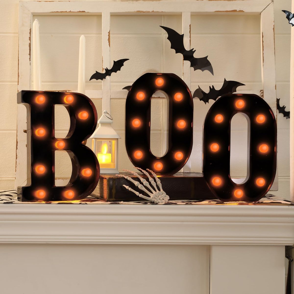 Halloween Decorations-3 Marquee Light up Letters "BOO" Decorative Sign | Halloween Decor for Kitchen Tabletop Fireplace Mantel Party Indoor - Black