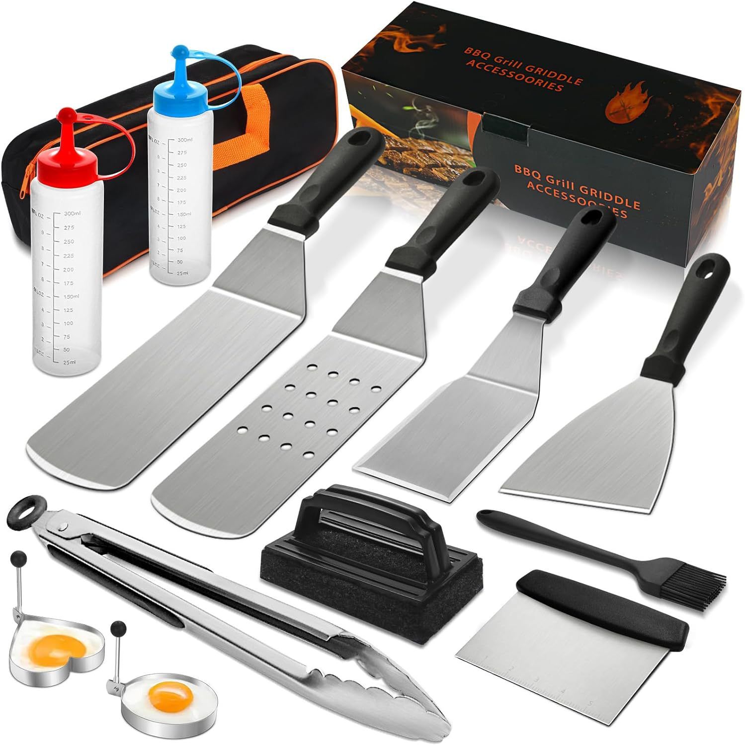 14PCS Griddle Accessories Kit, Flat Top Grill Accessories Set for Blackstone and Camp Chef, Grill Spatula Set with Enlarged Spatulas, Scraper for Outdoor
