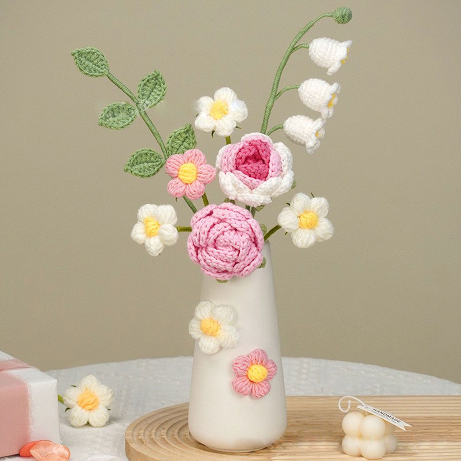 Simulation Woolen Flower Handmade Knitting Artificial Flower Crochet Knitted Flower with Ceramic Vase Table Flower Gift — image 6