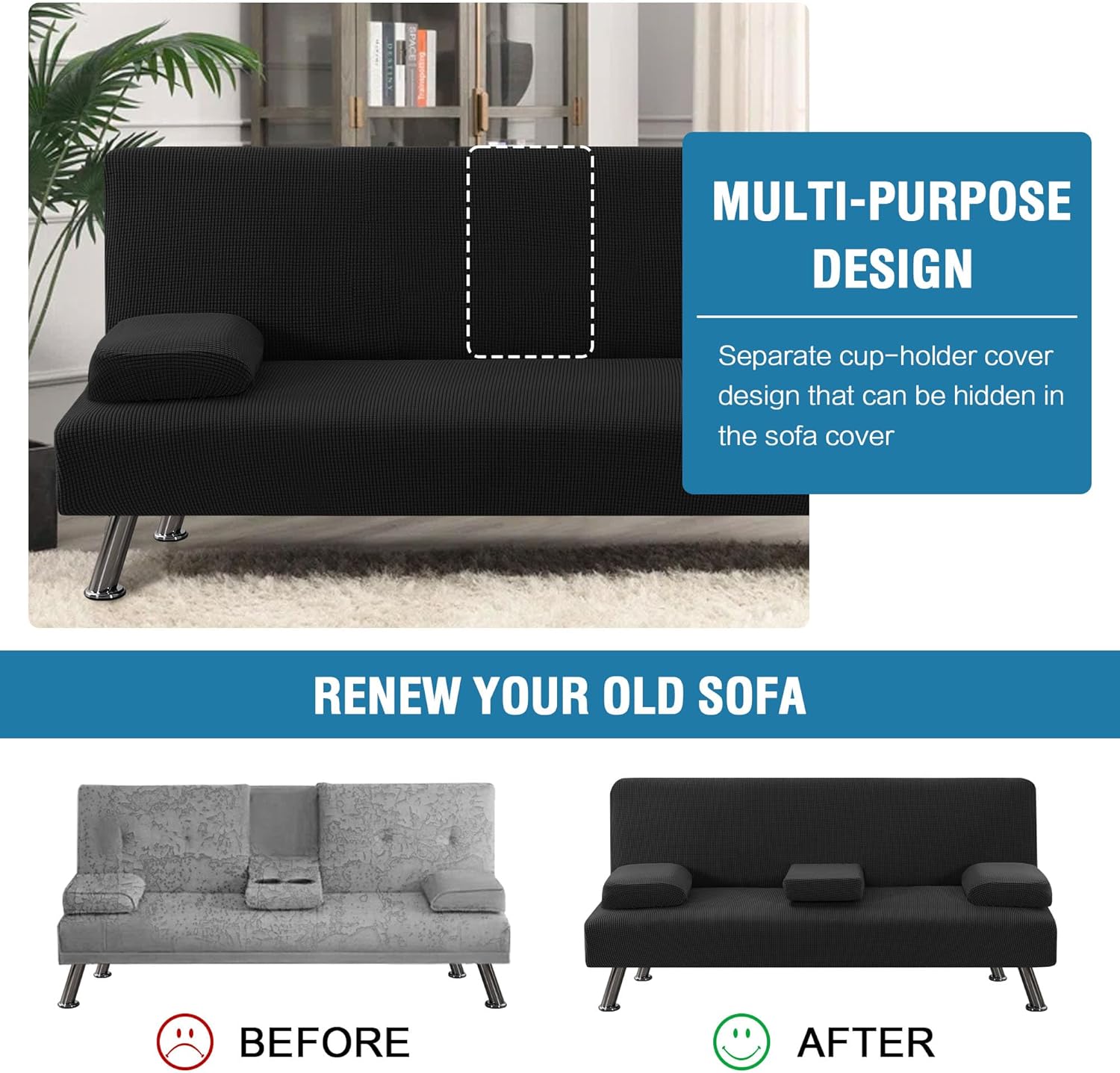 4 Pieces Stretch Futon Covers Sofa Bed Slipcover with Removable Armrests and Cupholders Covers Furniture Protector High Spandex Small Checks Jacquard Fabric — image 5