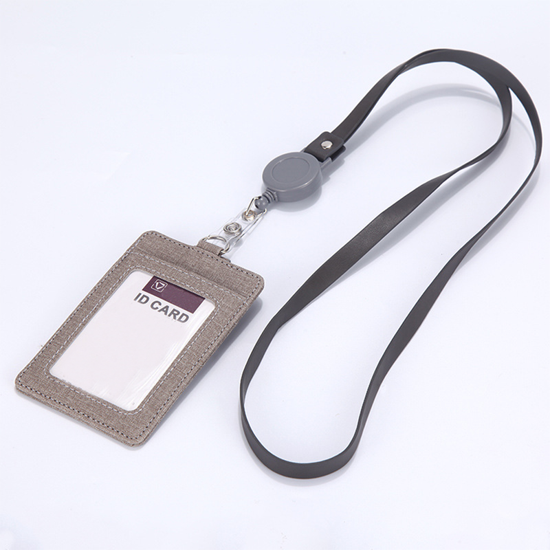 Retractable ID Badge Holder with Lanyard, PU Leather Work Card Holder for Office Staff Nurse Teacher Student ID Card-Gray