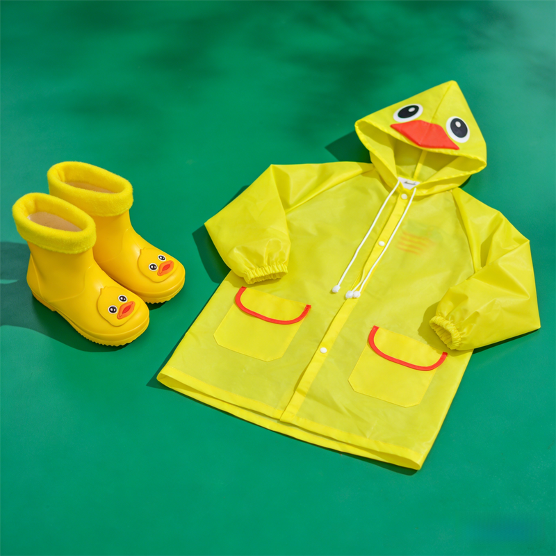 Kids Cartoon Rain Gear Set - Eco-Friendly Odorless Yellow Duck Raincoat & Matching 20cm Duck Rain Boots with Detachable Warm Cotton Liner