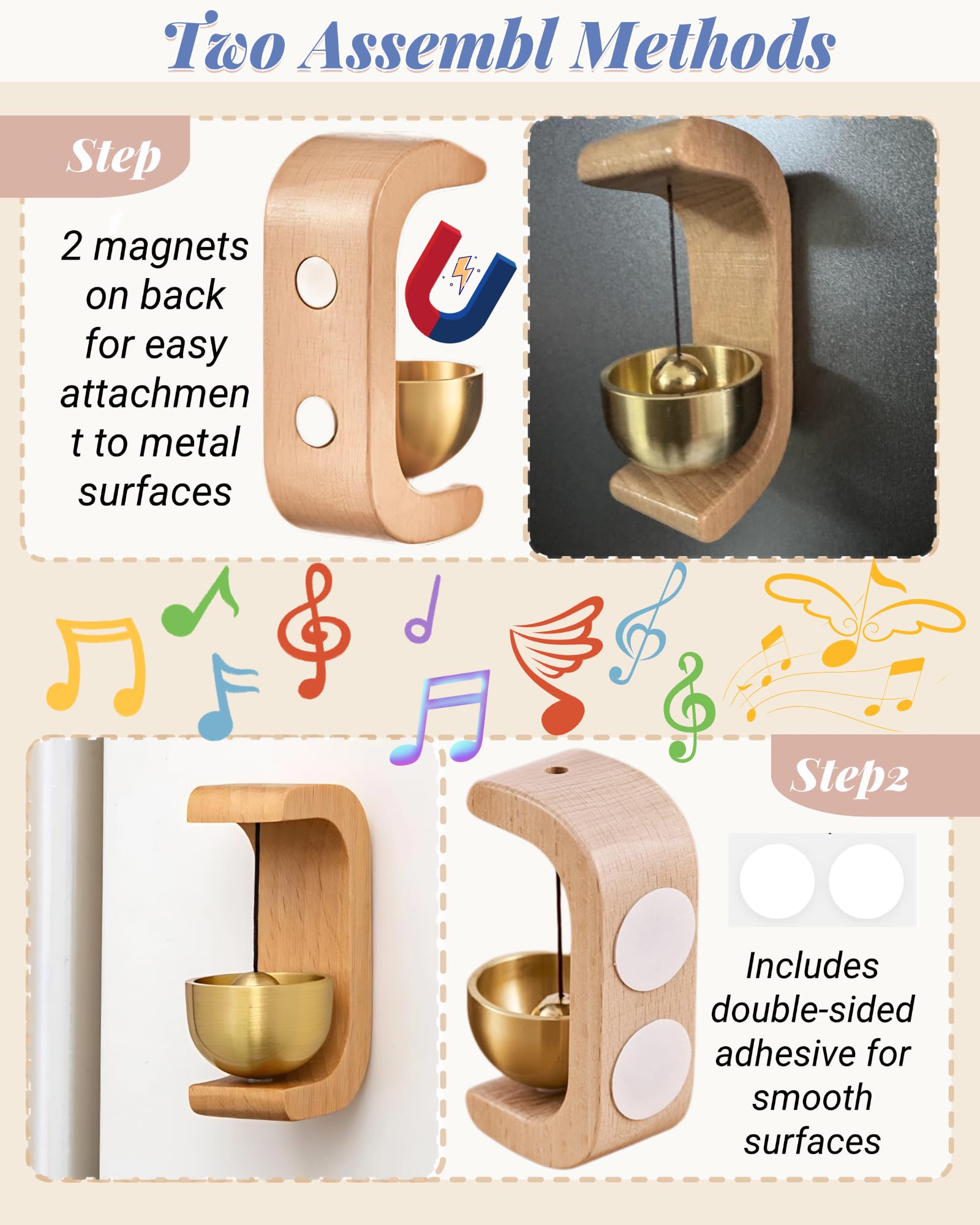 1 Piece Vintage Wooden Door Bell with Copper Chime and Magnetic Mount for Entryways and Bedrooms, Beech Owl Design — image 5