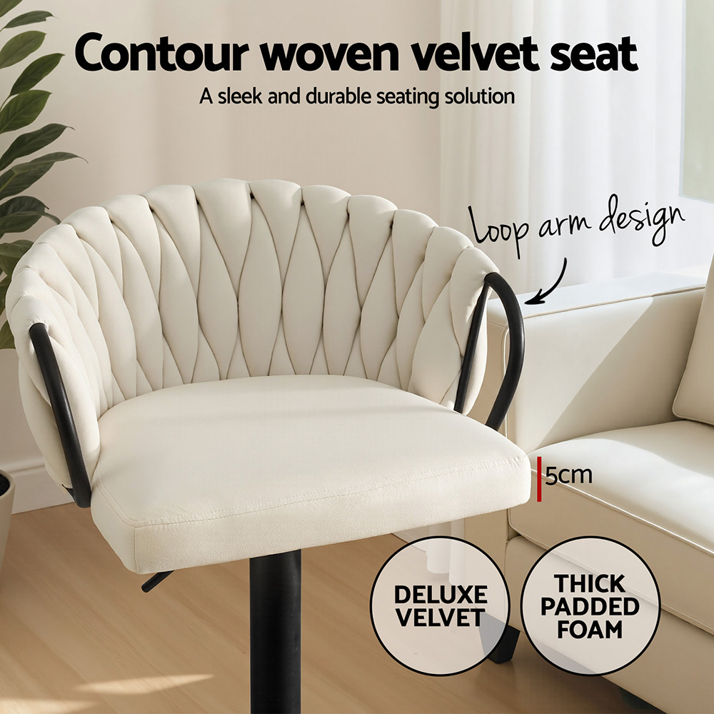 Artiss 1x Bar Stool Single Kitchen Dining Chair Counter Stool Woven Velvet Ivory โ image 5