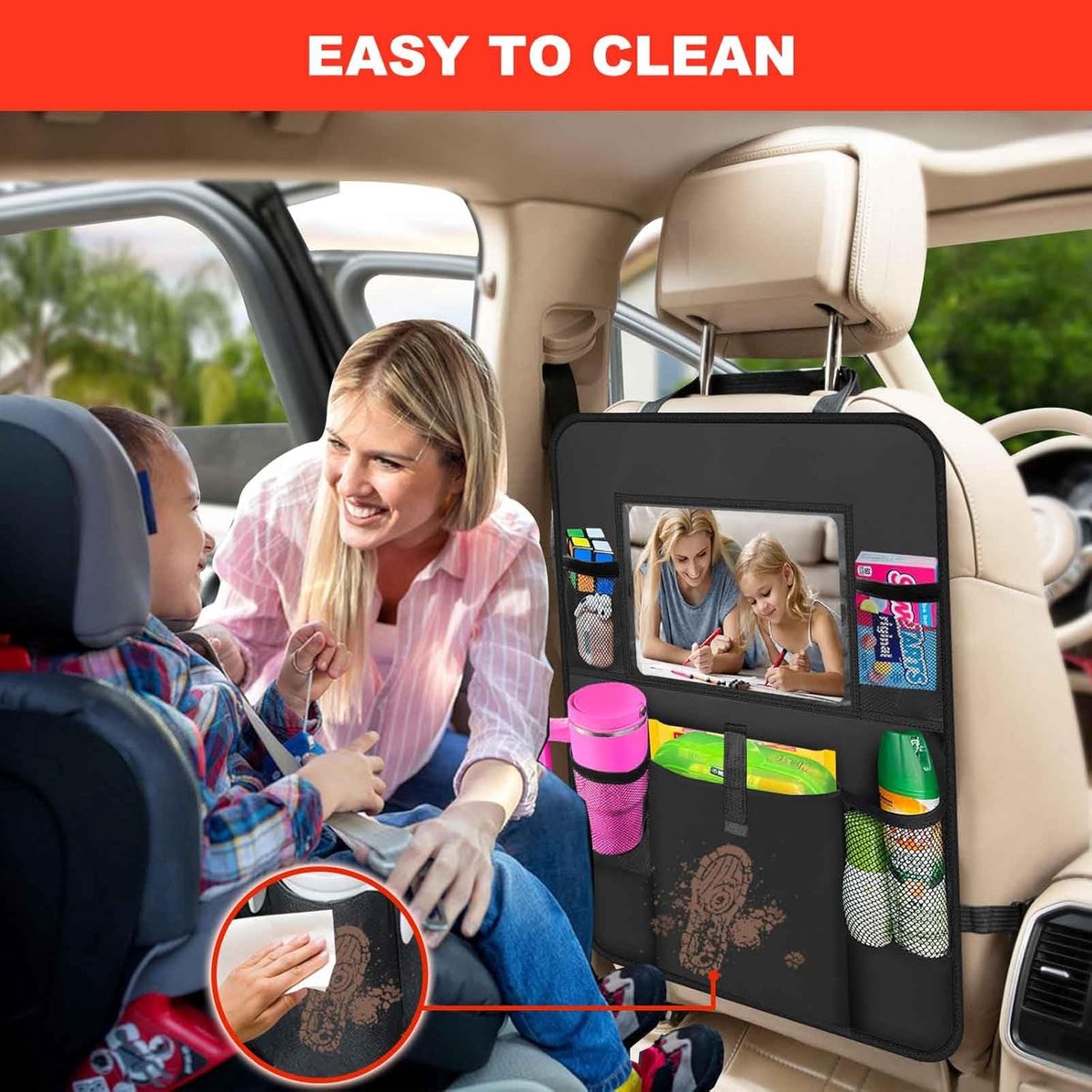Two-pack storage bags for the car back seat - with touchscreen tablet holder - 6 storage bags - protective cushions - car seat covers - children's travel — image 3